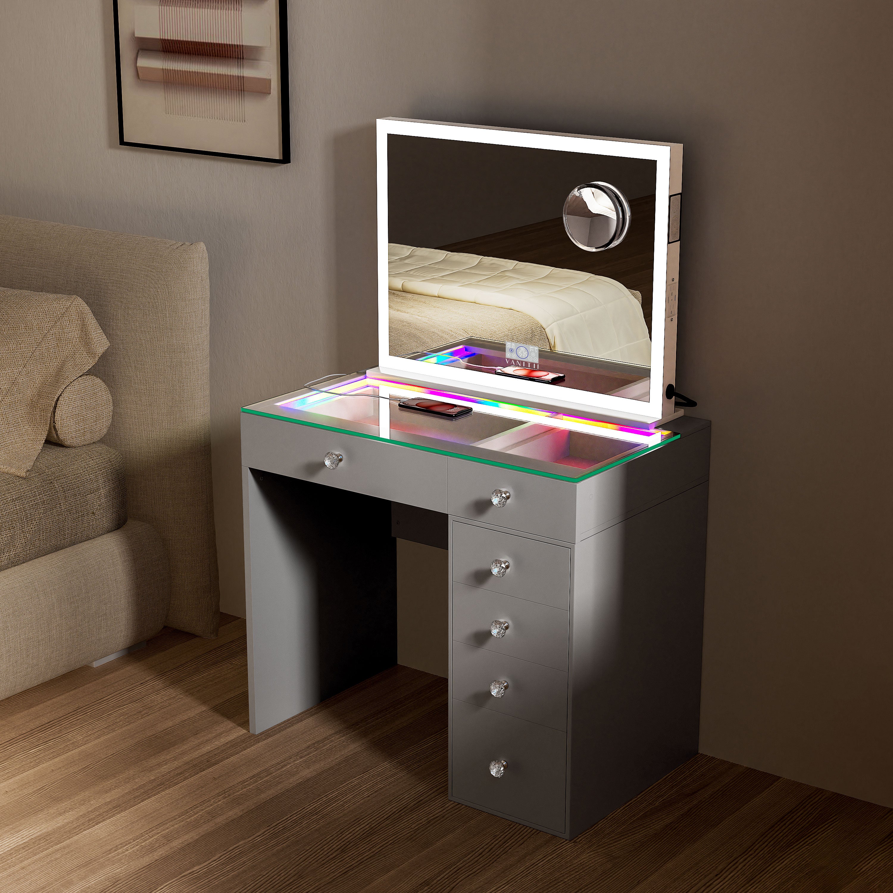VANITII Diana RGB Vanity Desk with 6 Storage Drawers and Led Light Hollywood Mirror (Only sell in California)