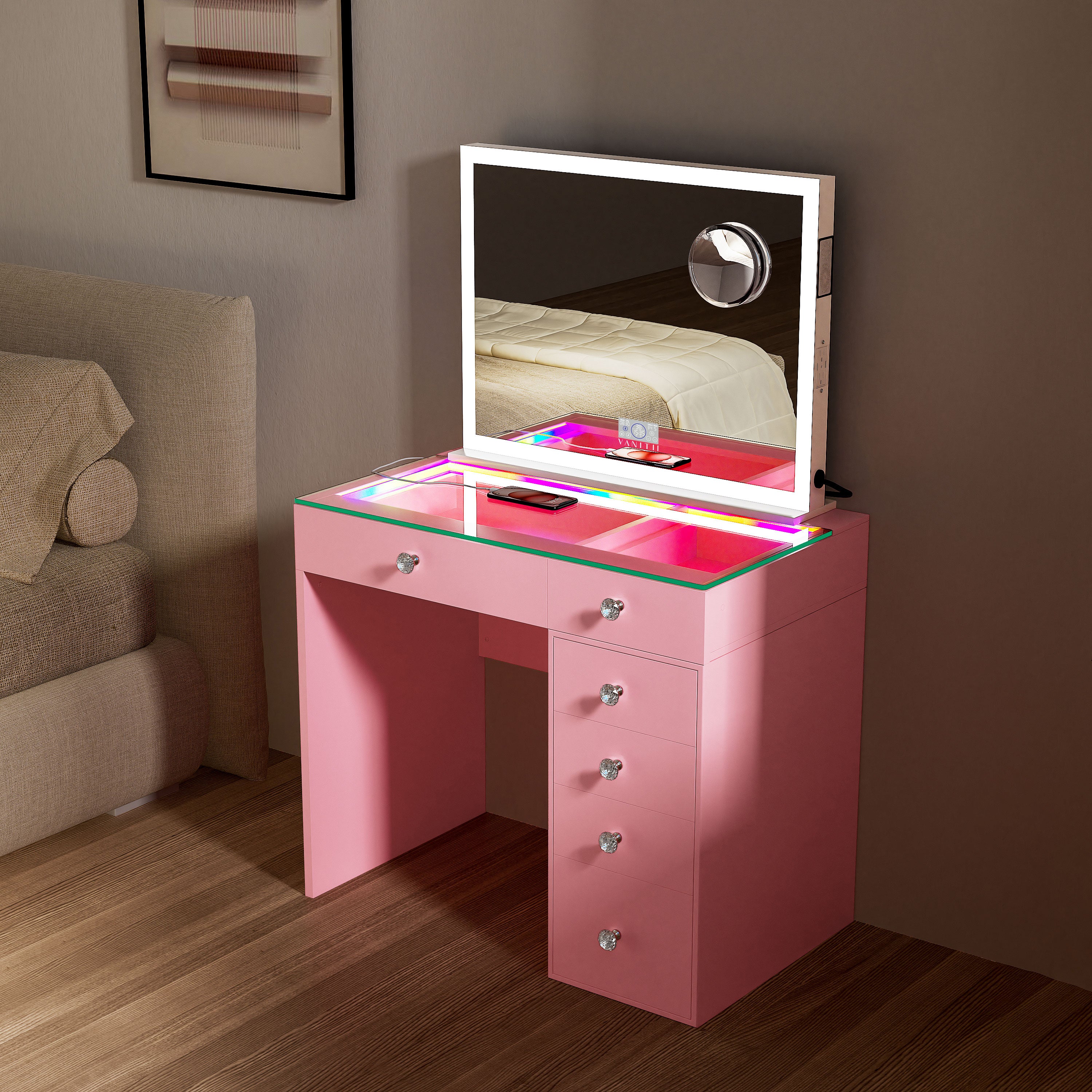 VANITII Diana RGB Vanity Desk with 6 Storage Drawers and Led Light Hollywood Mirror (Only sell in California)