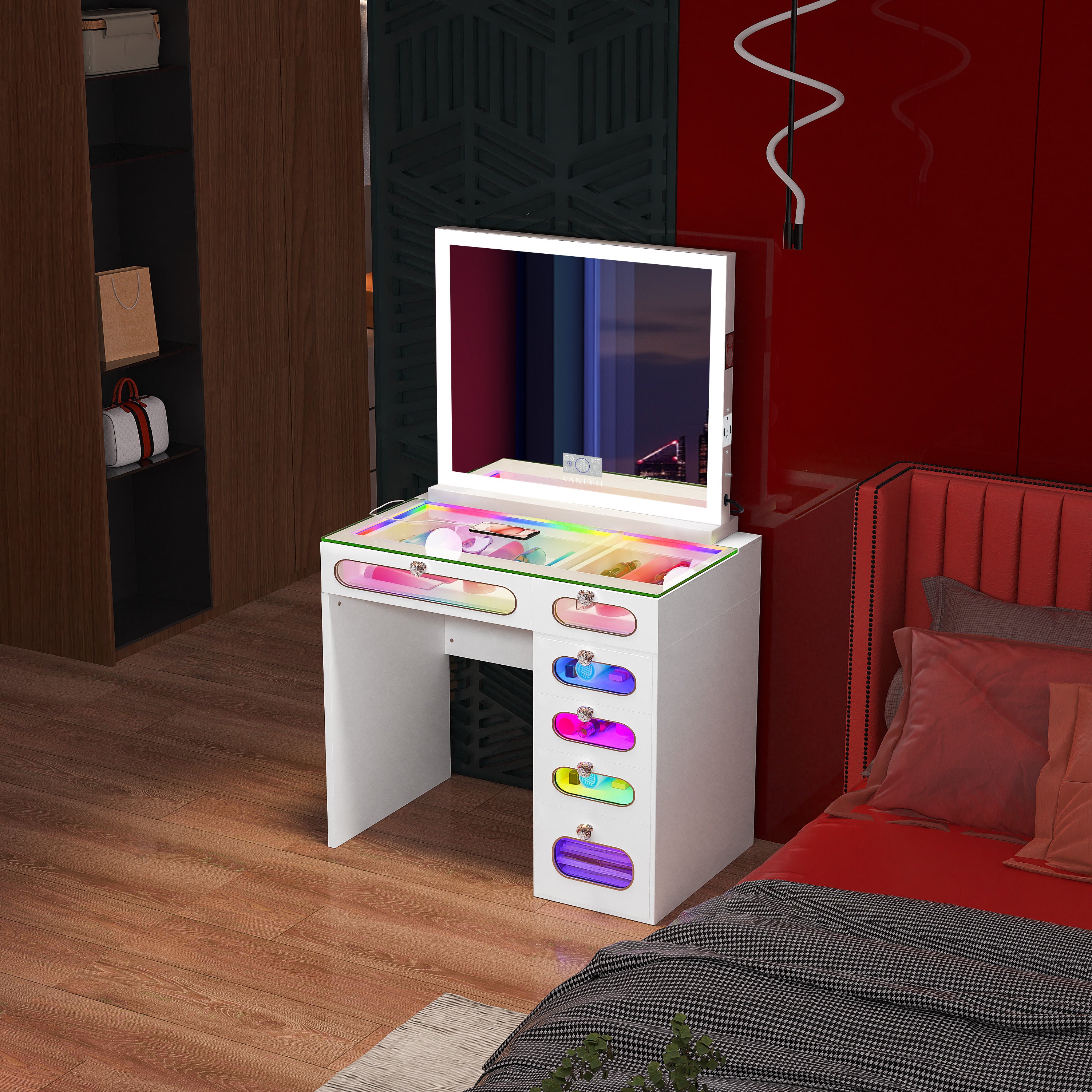 New Release ! VANITII 6 Glass Fronted Drawers Vanity Desk with Marilyn Vanity Mirror