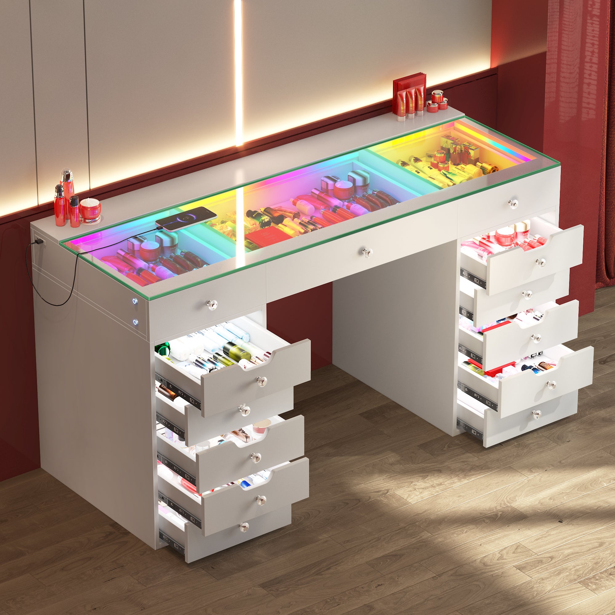 VANITII Eva Vanity Desk - 13 Storage Drawers with Full Light &RGB