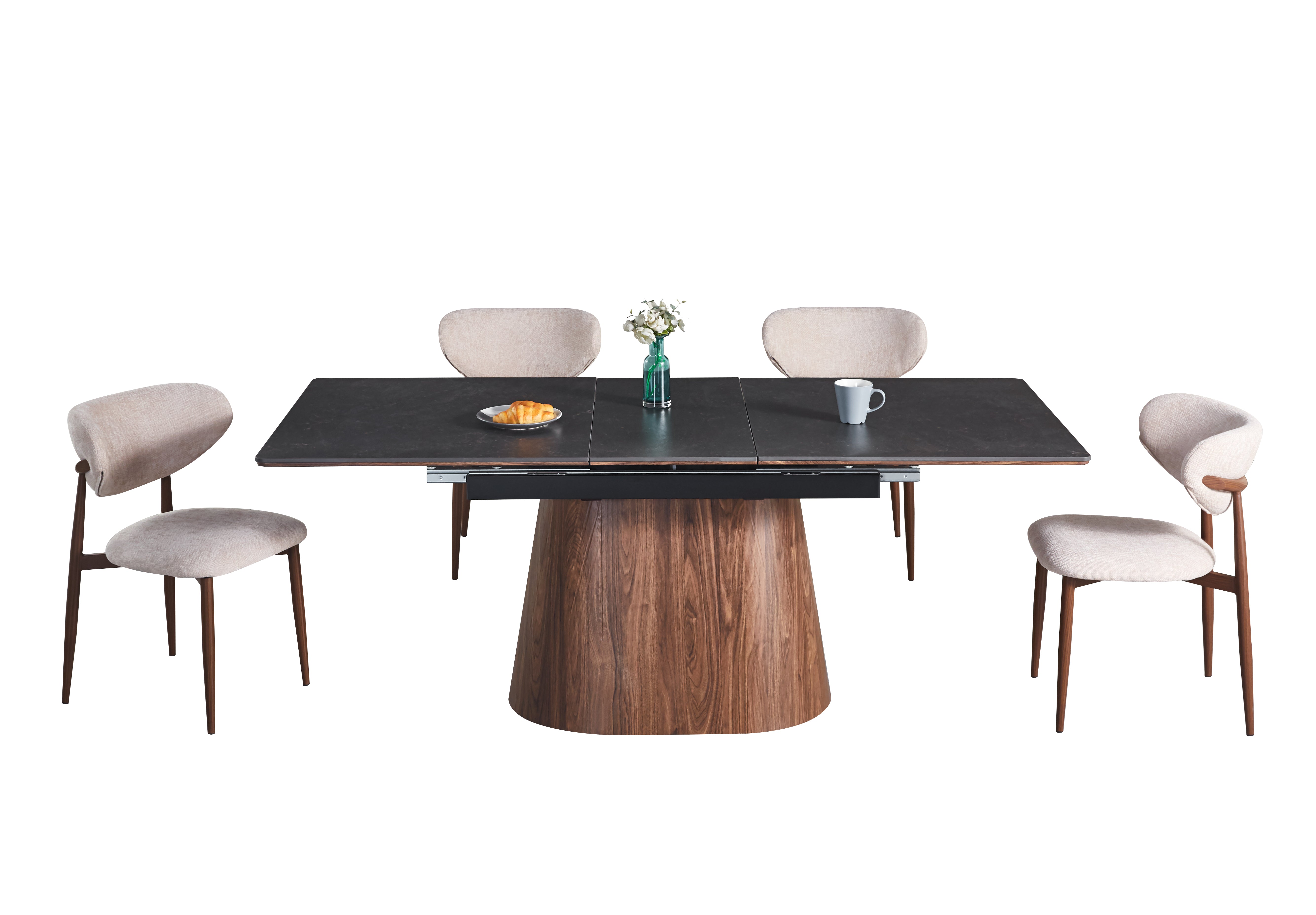 Modern Extendable Black Ceramic Tabletop Dining Set with Beige Fabric Chairs with Dark Wood Legs (1 Table + 4/6 Chairs)