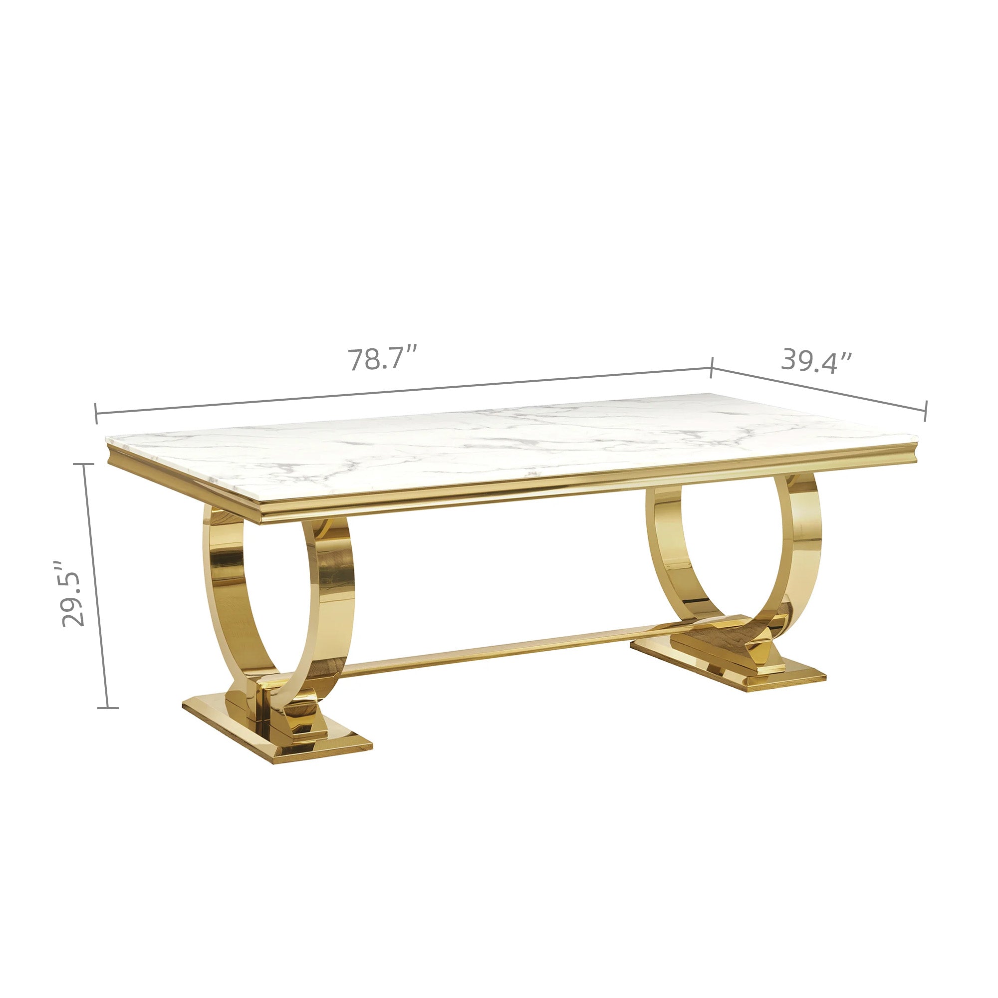 Modern Rectangular Dining Table with Marble Top & 201# Stainless Steel Base, Luxury U-Shape Frame Kitchen Table for 6-8 People