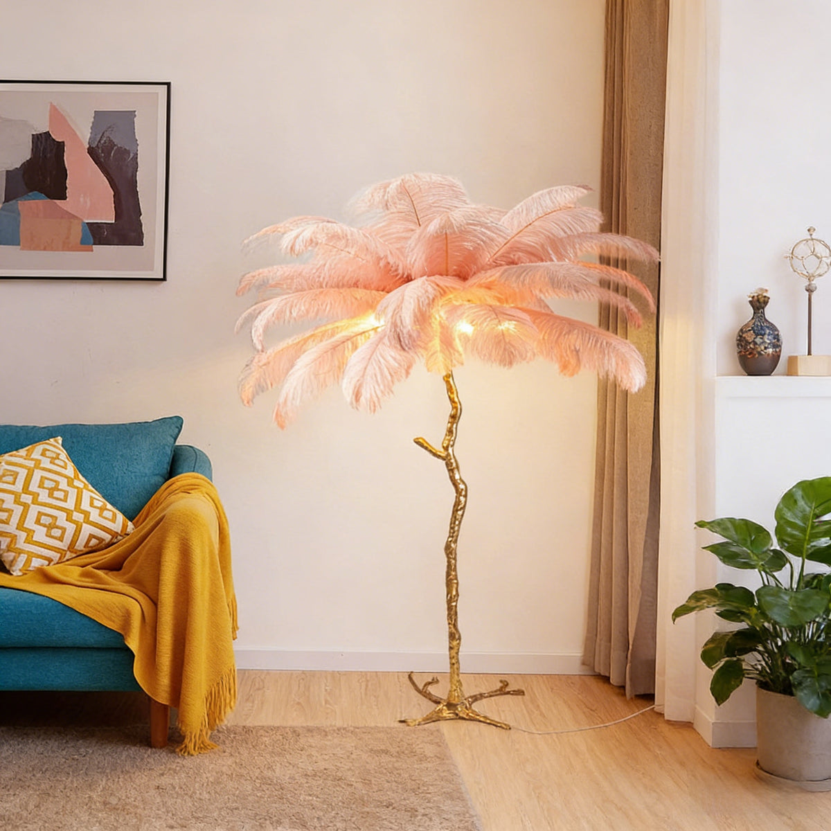 Ostrich Feather Floor Lamp | Golden 4-Light Branch pink