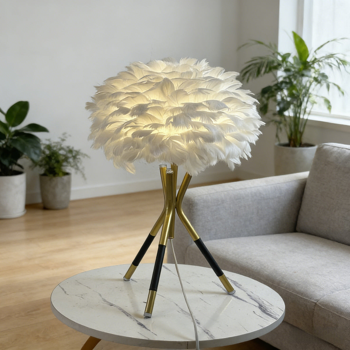 Nordic Feather Table Lamp, 3-Color Dimmable, Remote Control, Iron Base Bedside Light