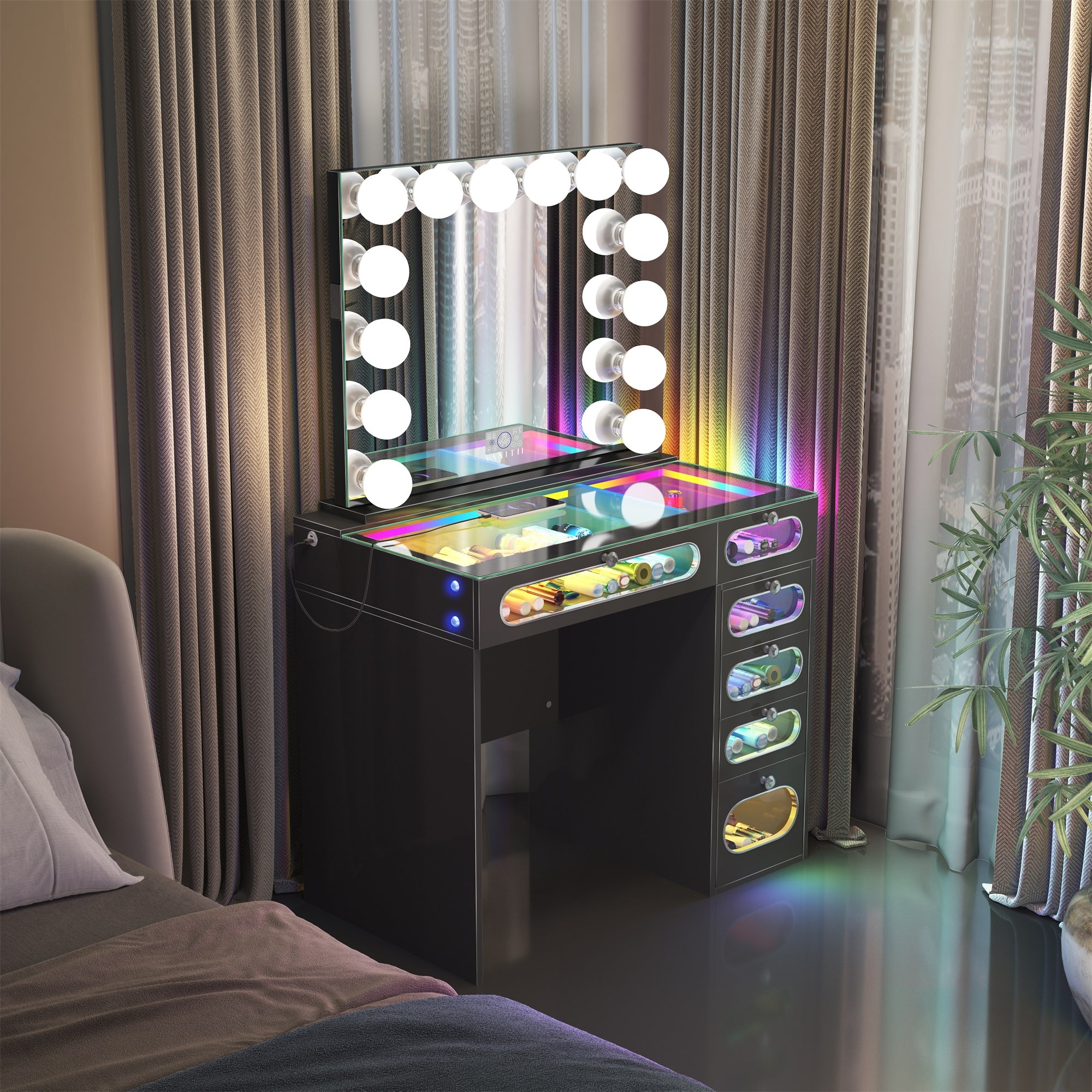 New Release ! VANITII 6 Glass Fronted Drawers Vanity Desk with Marilyn Vanity Mirror