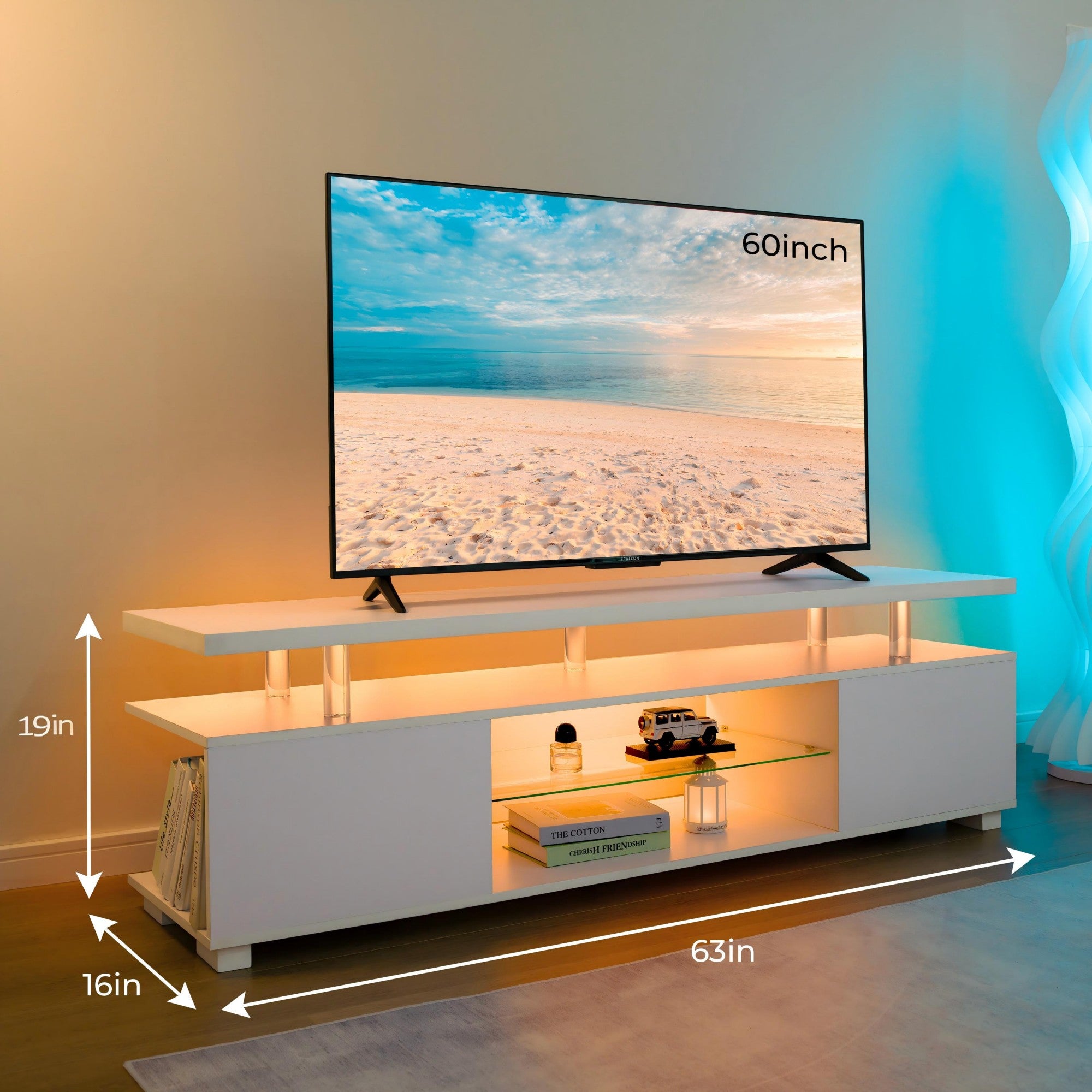 TV Stand LED Gaming Entertainment Center Media Storage Console Table with Large Side Cabinet for Living Room (White)