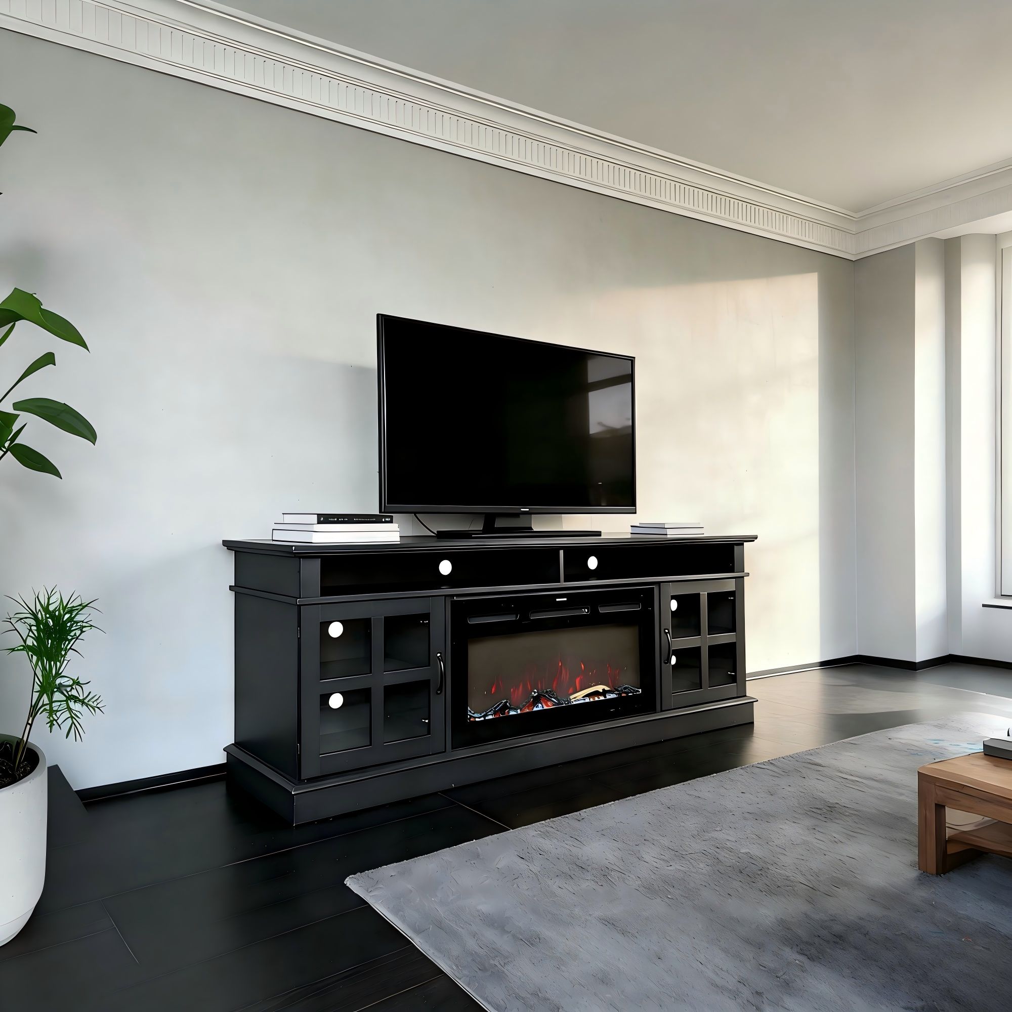 72"Charcoal Okoume Veneer Fireplace TV Stand