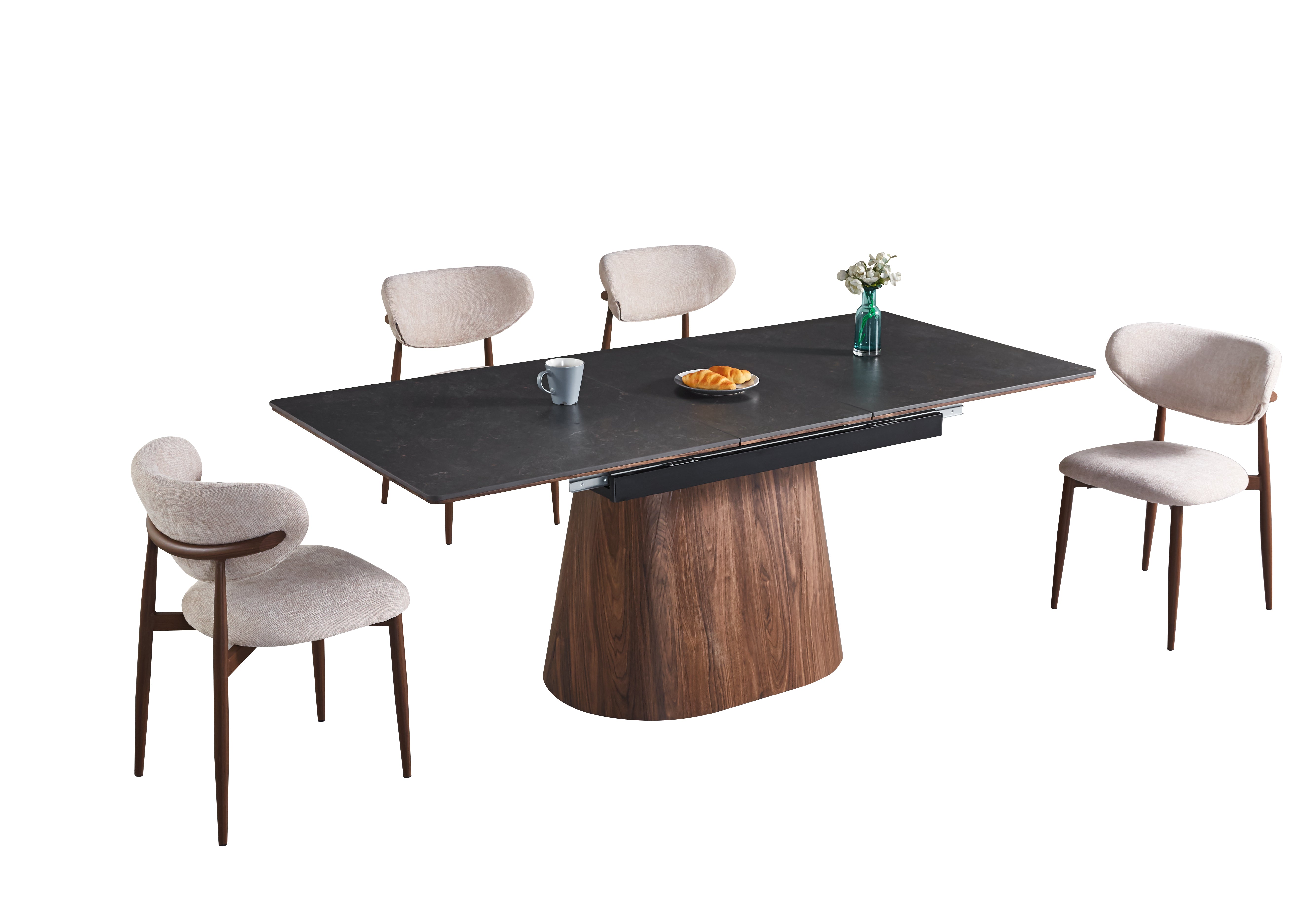 Modern Extendable Black Ceramic Tabletop Dining Set with Beige Fabric Chairs with Dark Wood Legs (1 Table + 4/6 Chairs)