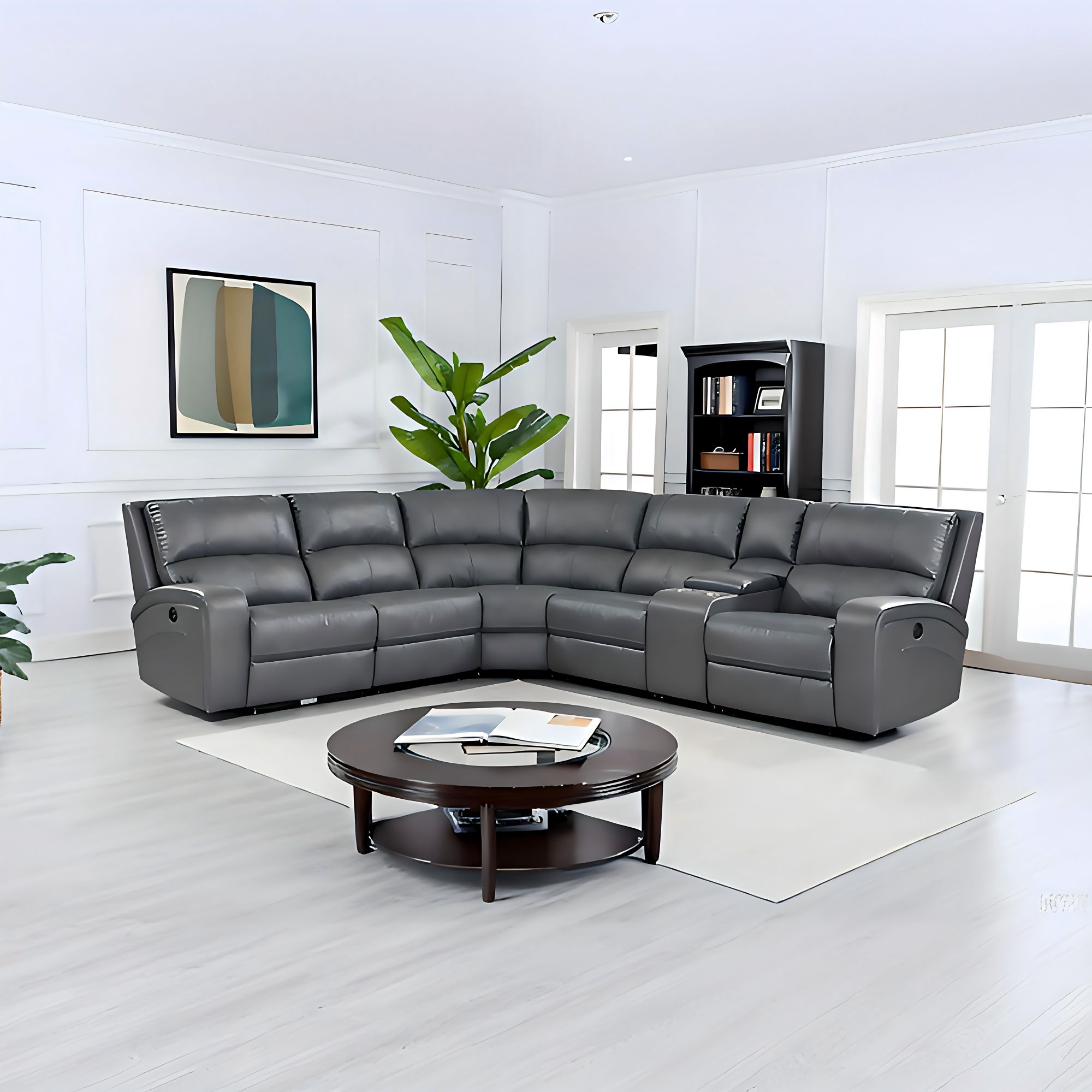 Corpus Gray Leather Reclining Sectional, L-Shaped Corner Couch with Cup Holders for Living Room