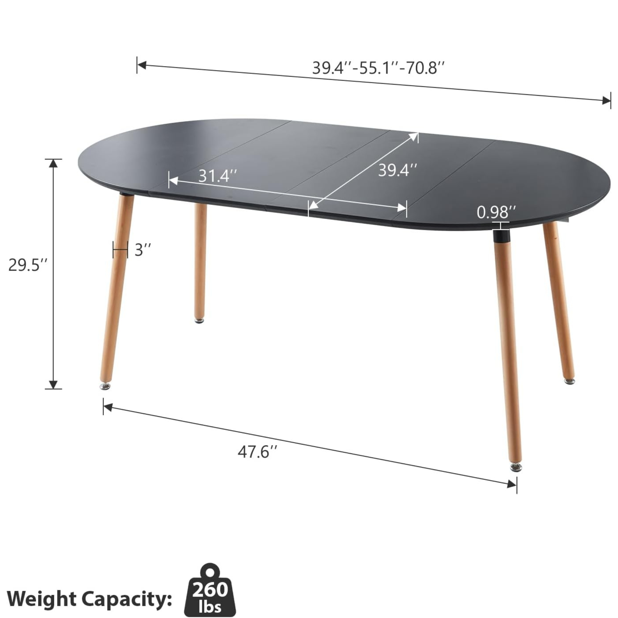 Black 71" Oval Extendable Dining Table: MDF Top, 40"-55"-71" Fold, Seats 6-8