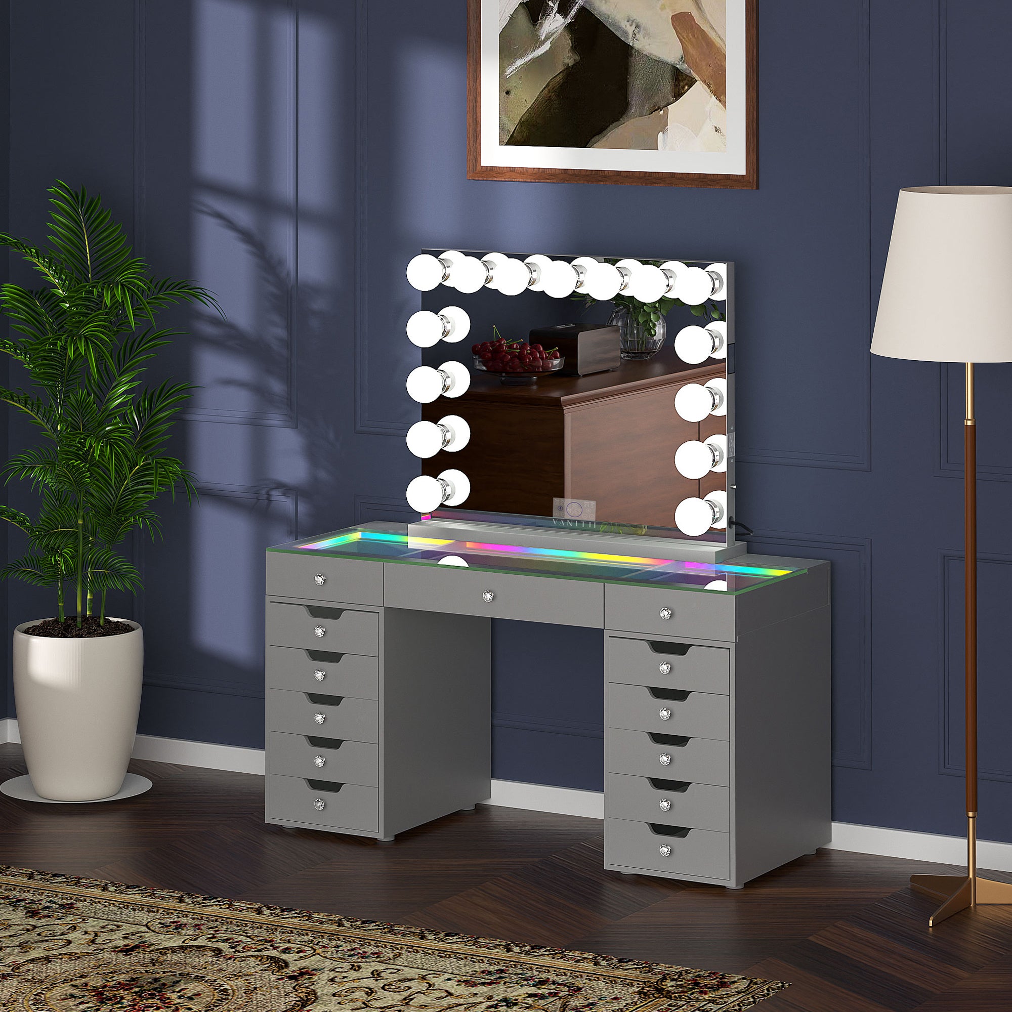 VANITII Eva-RGB Vanity Desk Set with 13 Storage Drawers and 15 Bulbs Light Mirror