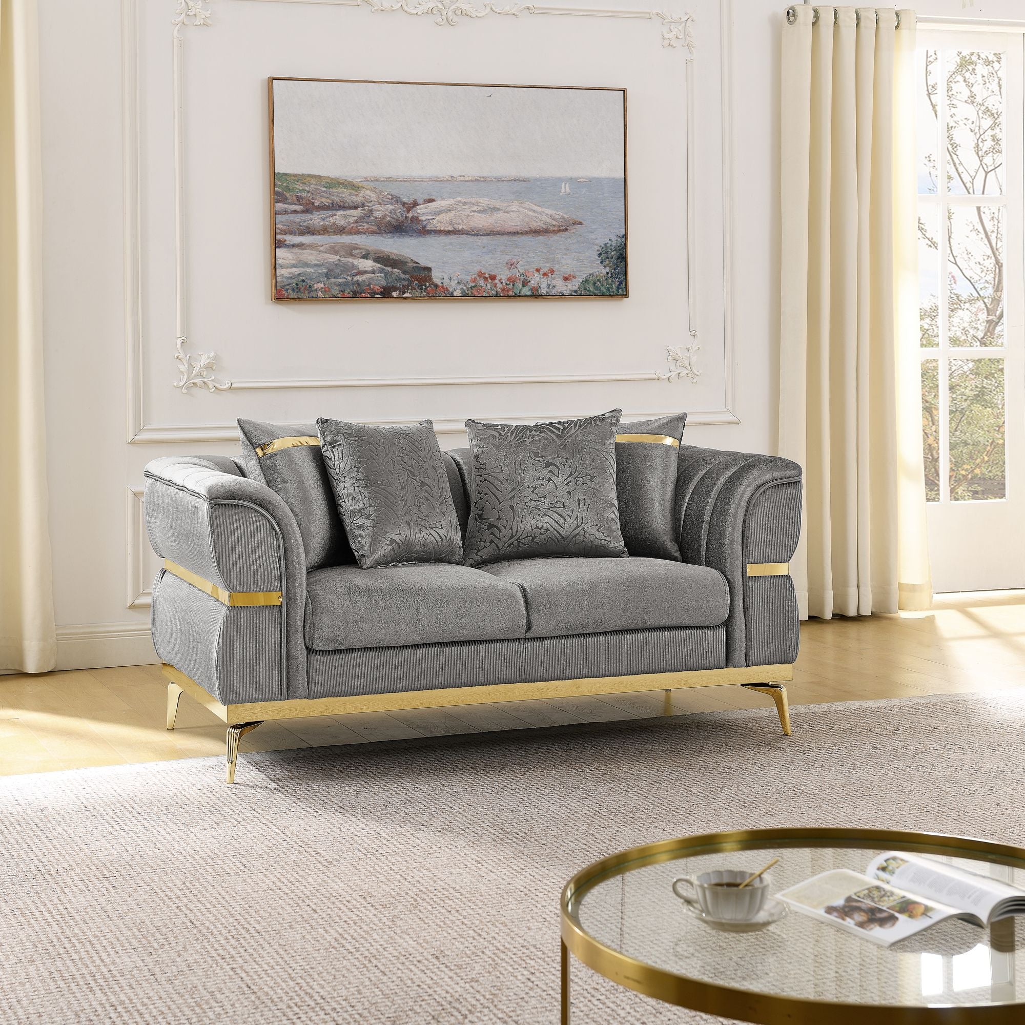 Velvet Chestfield Sofa Set In Gray