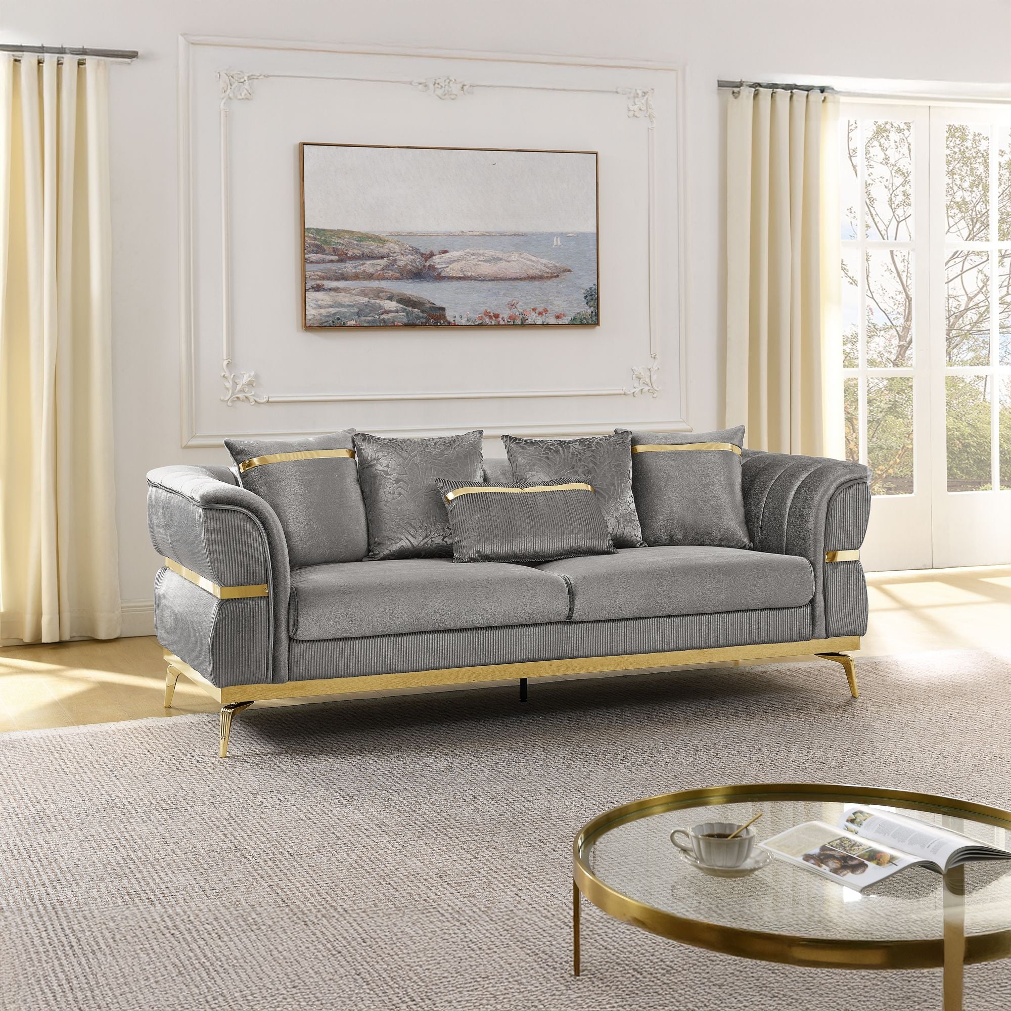 Velvet Chestfield Sofa Set In Gray