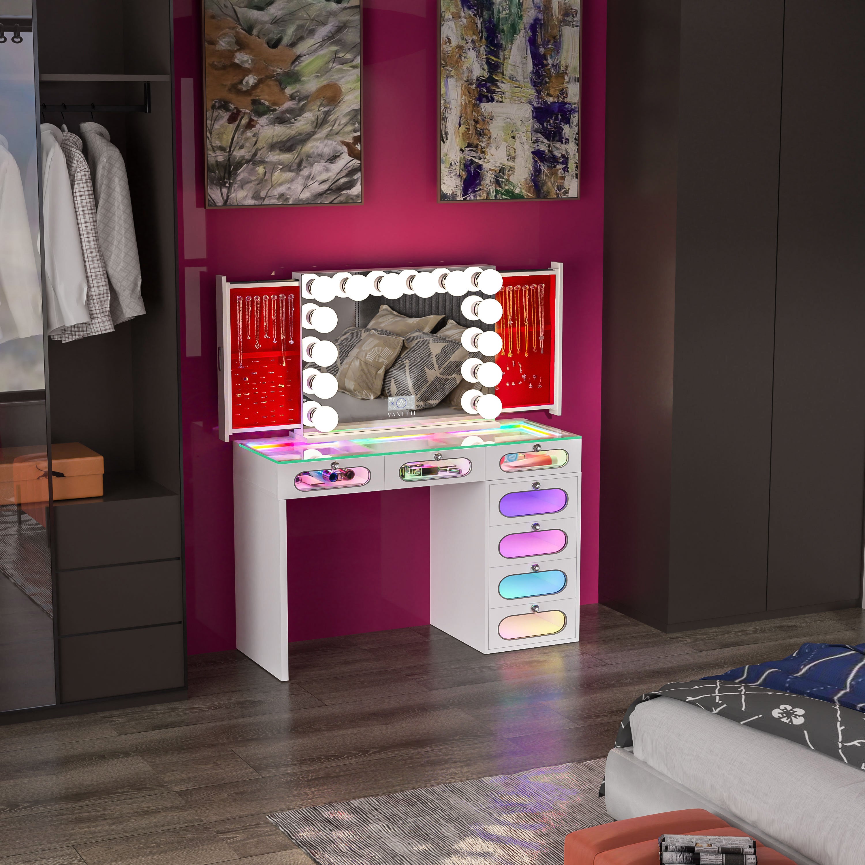 New Release ! VANITII 7 Glass Fronted Drawers with Hollywood Vanity Mirror