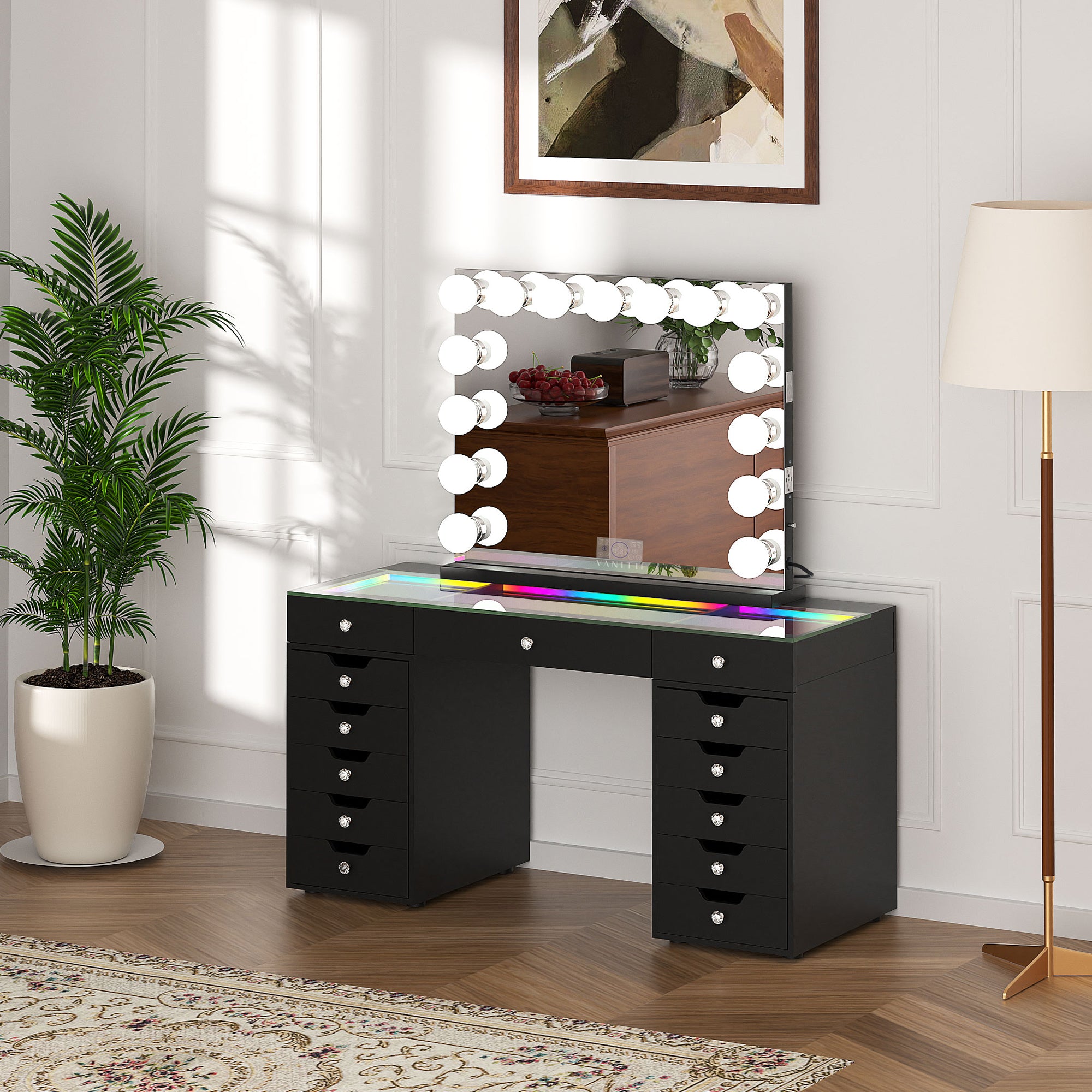 VANITII Eva-RGB Vanity Desk Set with 13 Storage Drawers and 15 Bulbs Light Mirror
