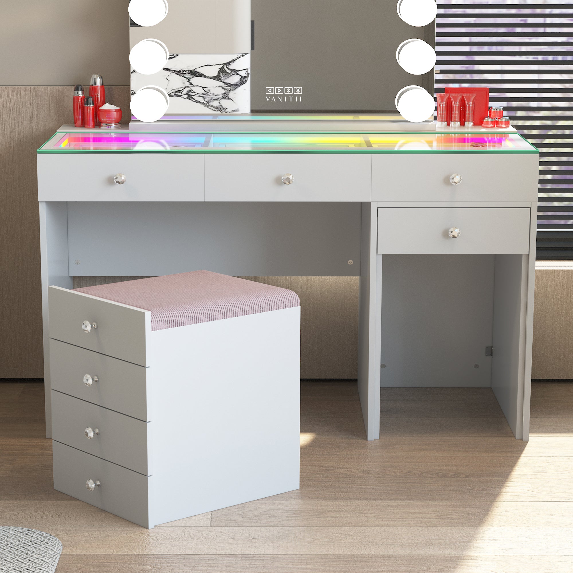 New Release ! VANITII Diana 8 Drawers Vanity Desk Includes a Soft Hidden Stool With Storage Space