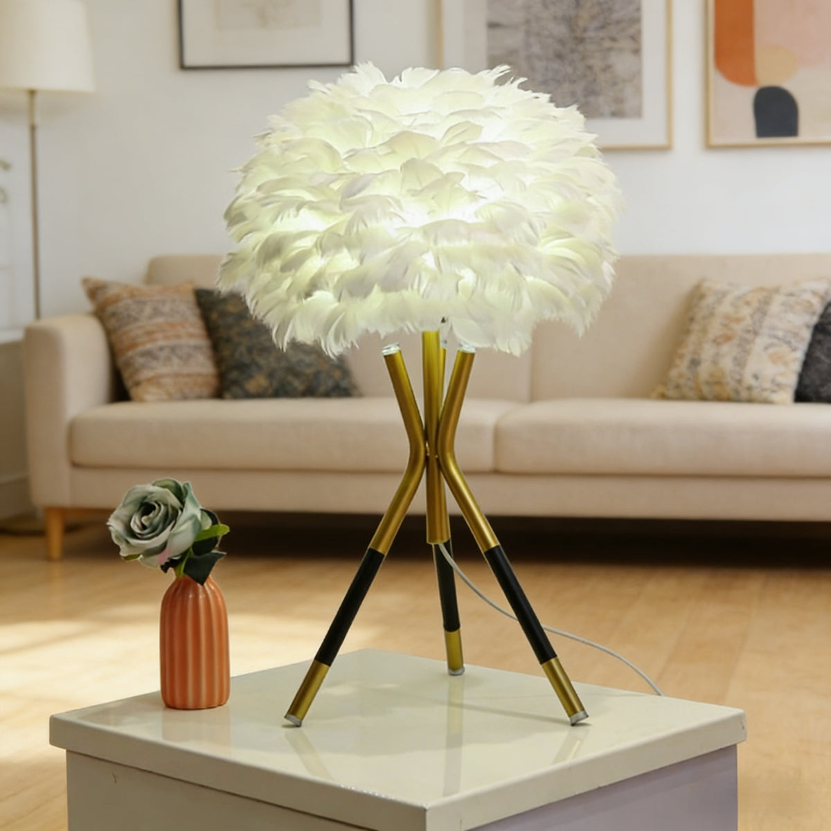 Nordic Feather Table Lamp, 3-Color Dimmable, Remote Control, Iron Base Bedside Light