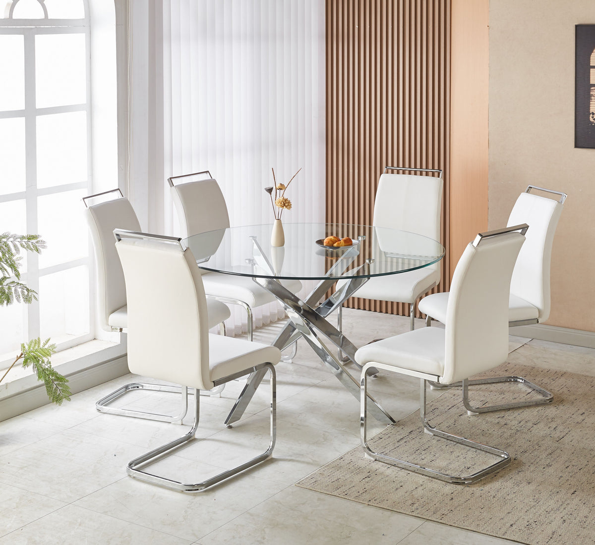 51.18" Round Dining Table, 10MM Clear Tempered Glass Top with Golden Crossed Metal Base, Easy to Clean