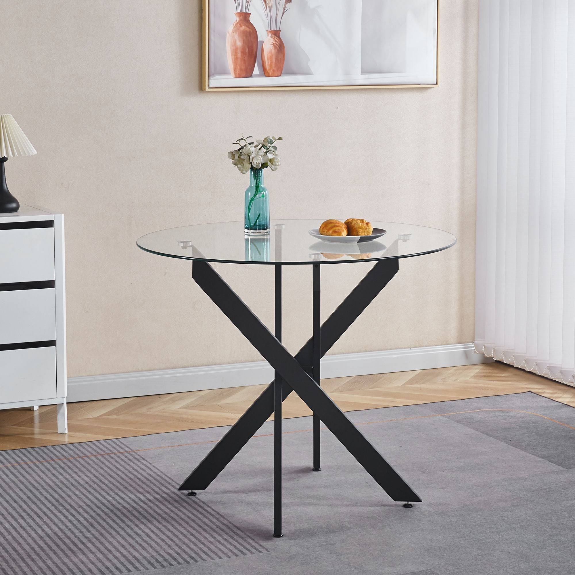 Modern Round Glass Dining Table - Chrome And Black Cross Legs
