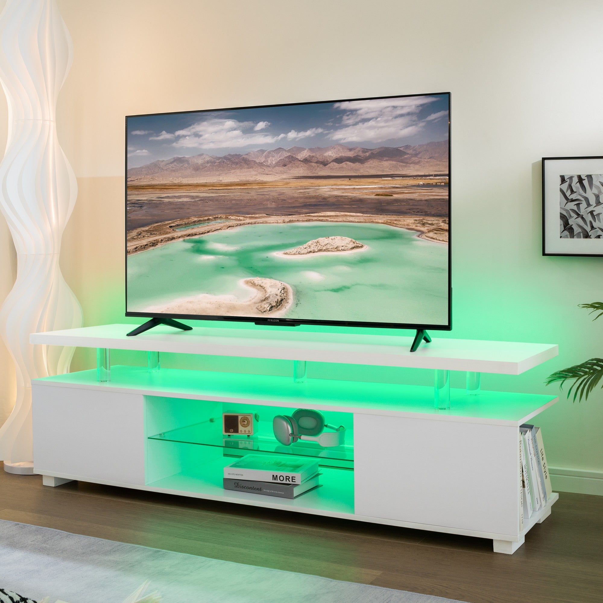 TV Stand LED Gaming Entertainment Center Media Storage Console Table with Large Side Cabinet for Living Room (White)