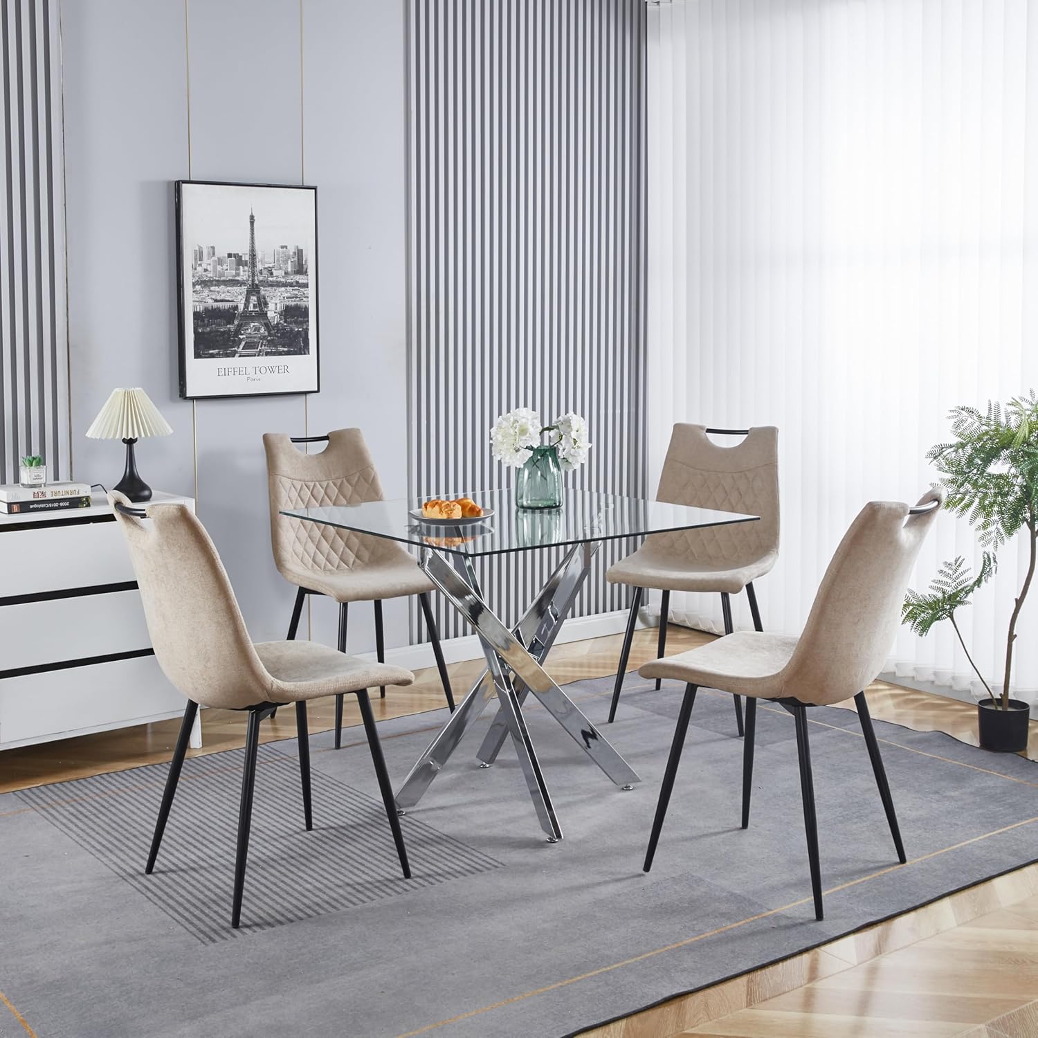 Modern Square Glass Dining Table - Chrome Cross Legs