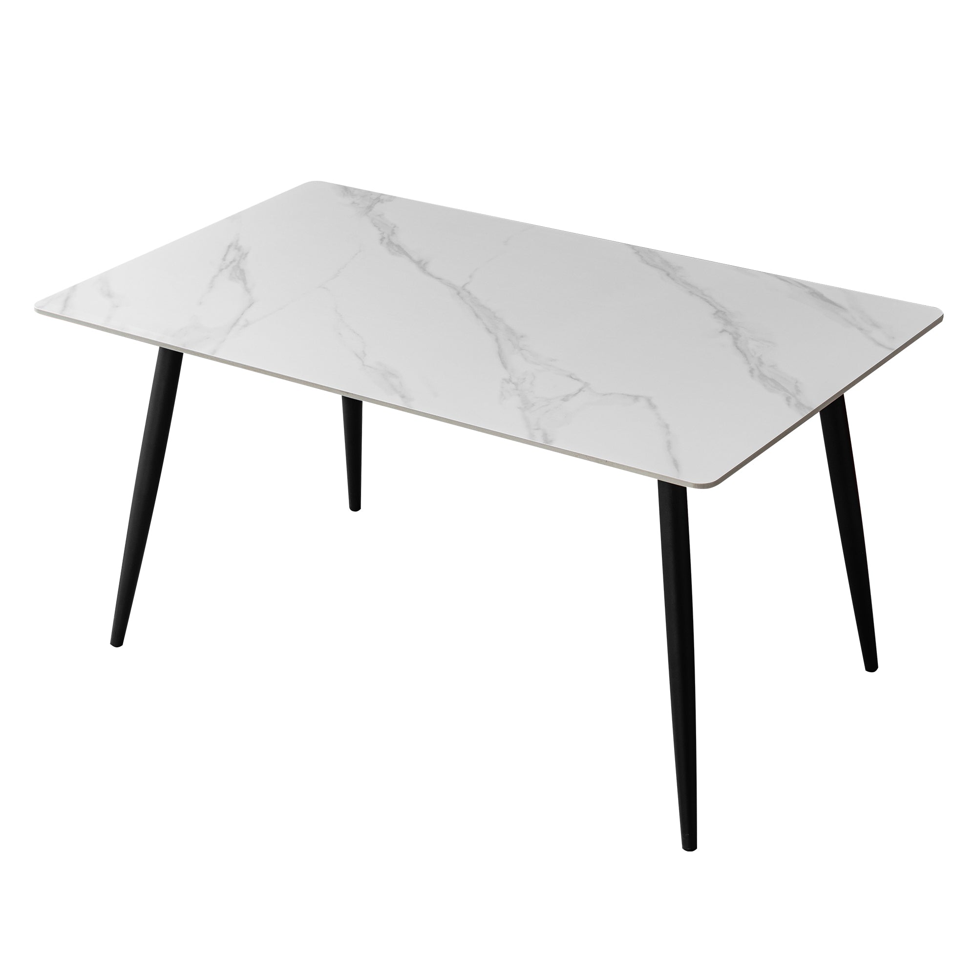 White Faux Marble Dining Table - 4-Seater Rectangular Table with Black Metal Legs
