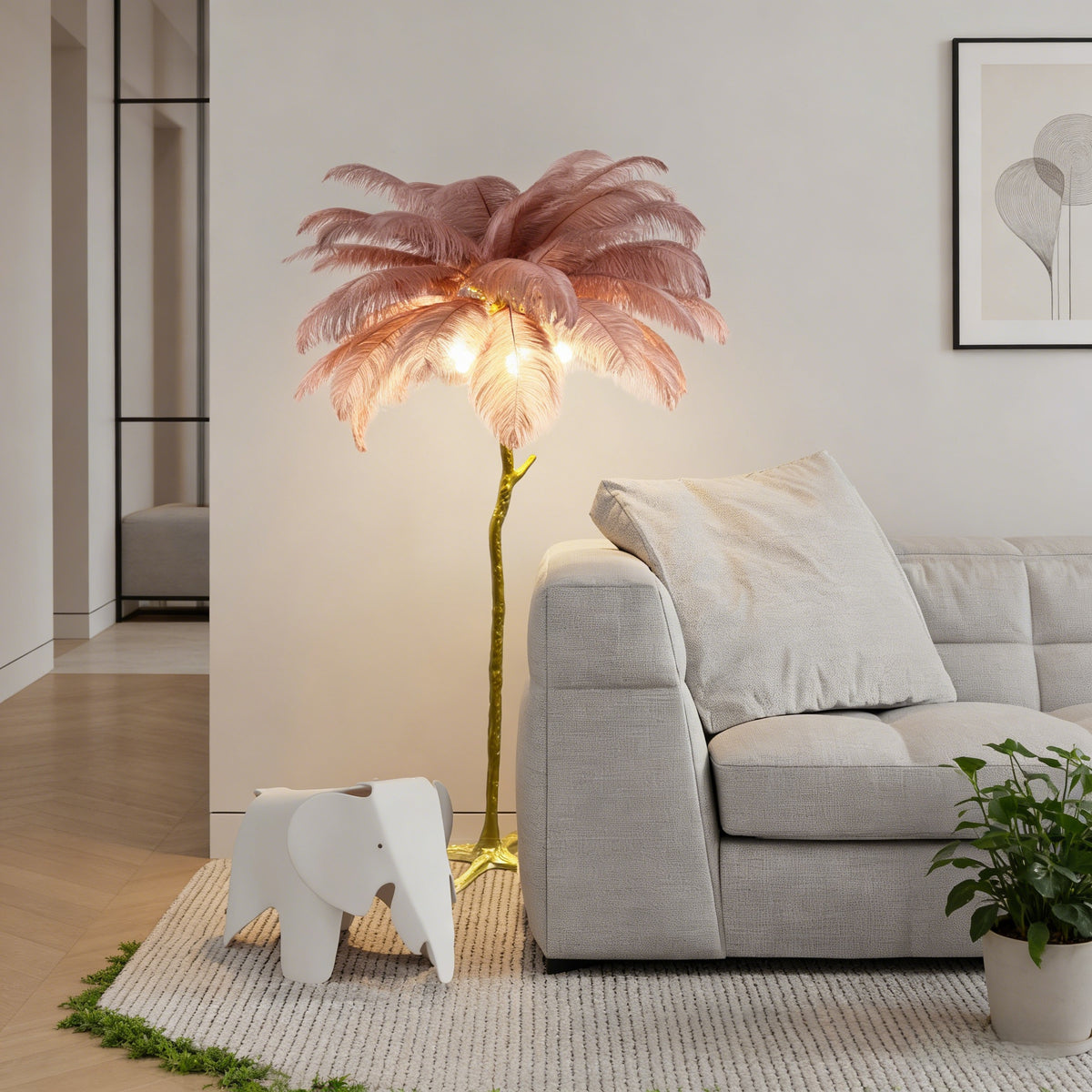 Ostrich Feather Floor Lamp | Golden 4-Light Branch pink