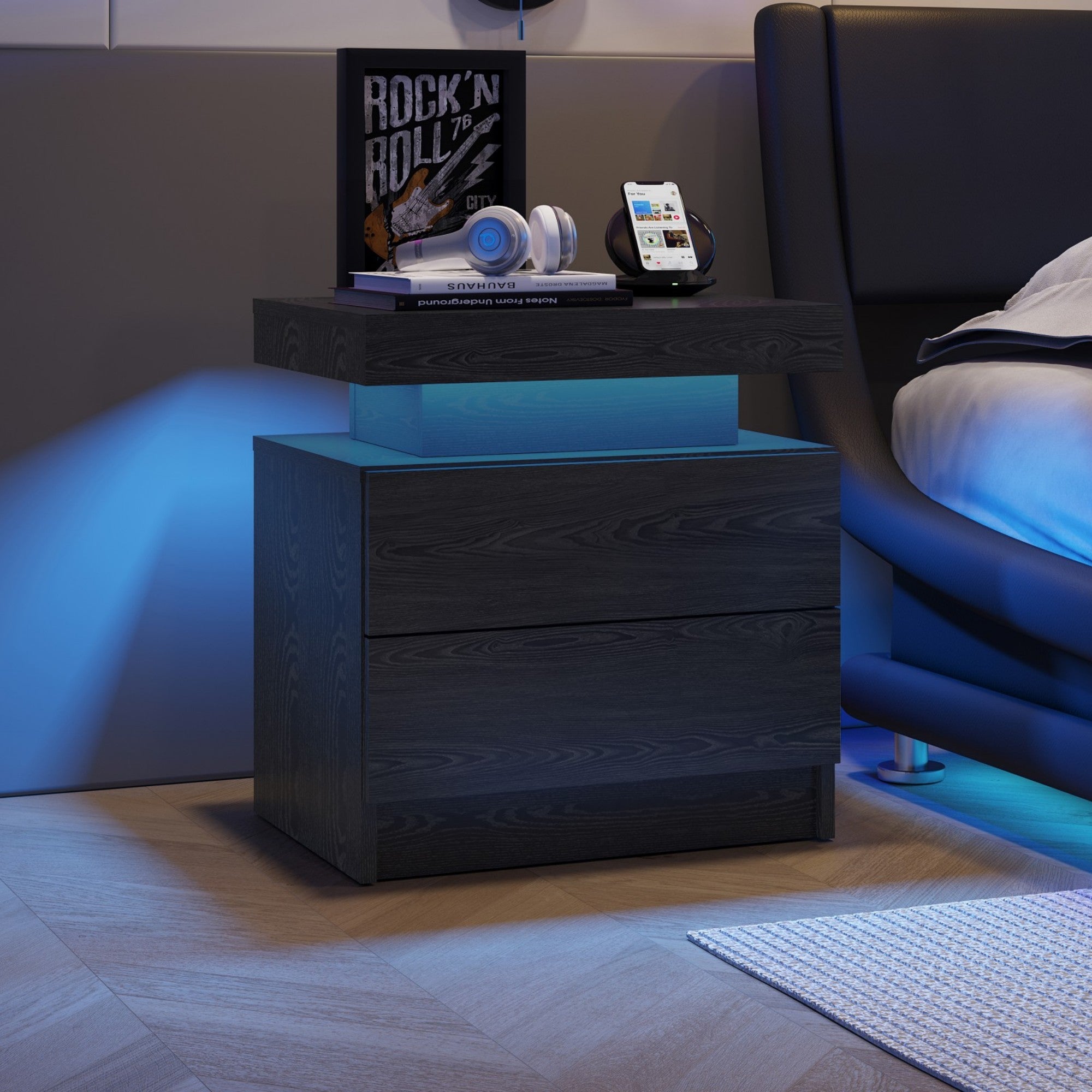 Multi-color Adjustable LED Lights Nightstand with 2 Drawers for Bedroom