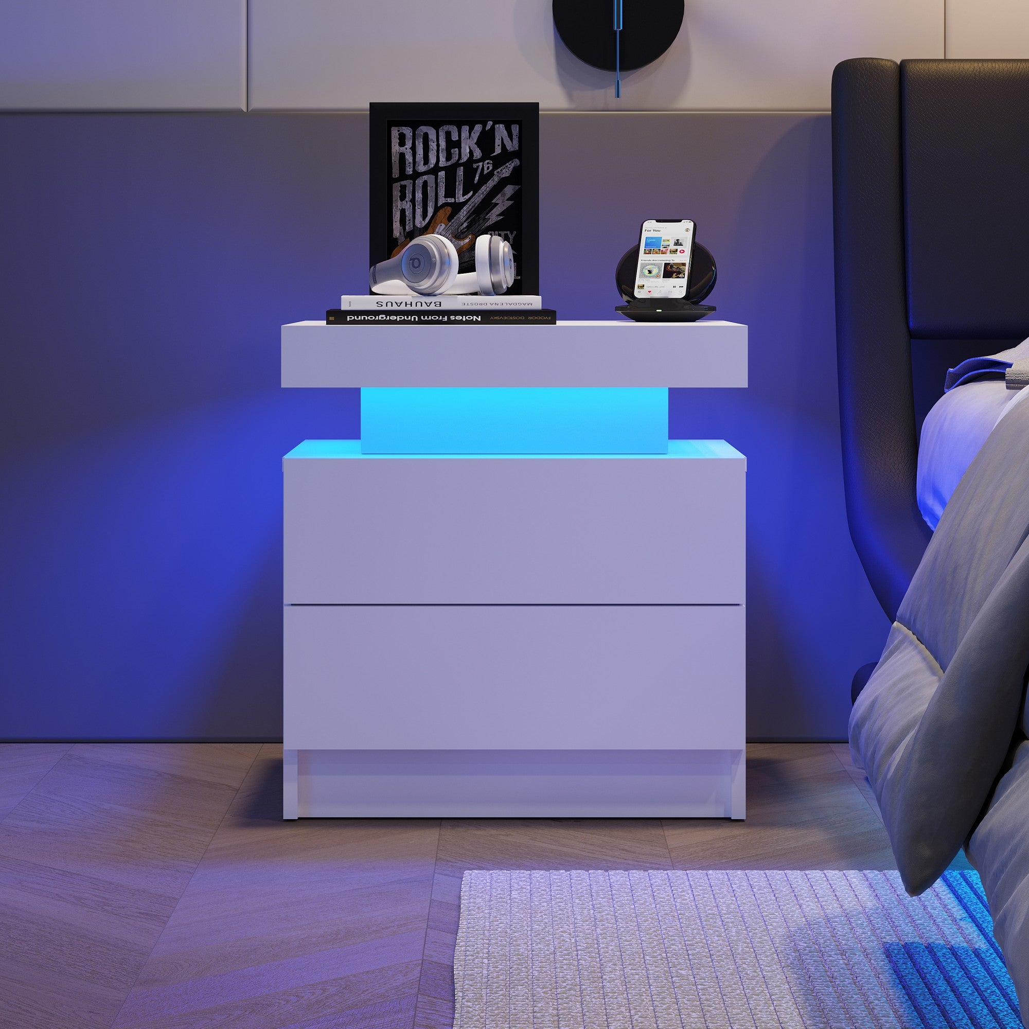 Multi-color Adjustable LED Lights Nightstand with 2 Drawers for Bedroom