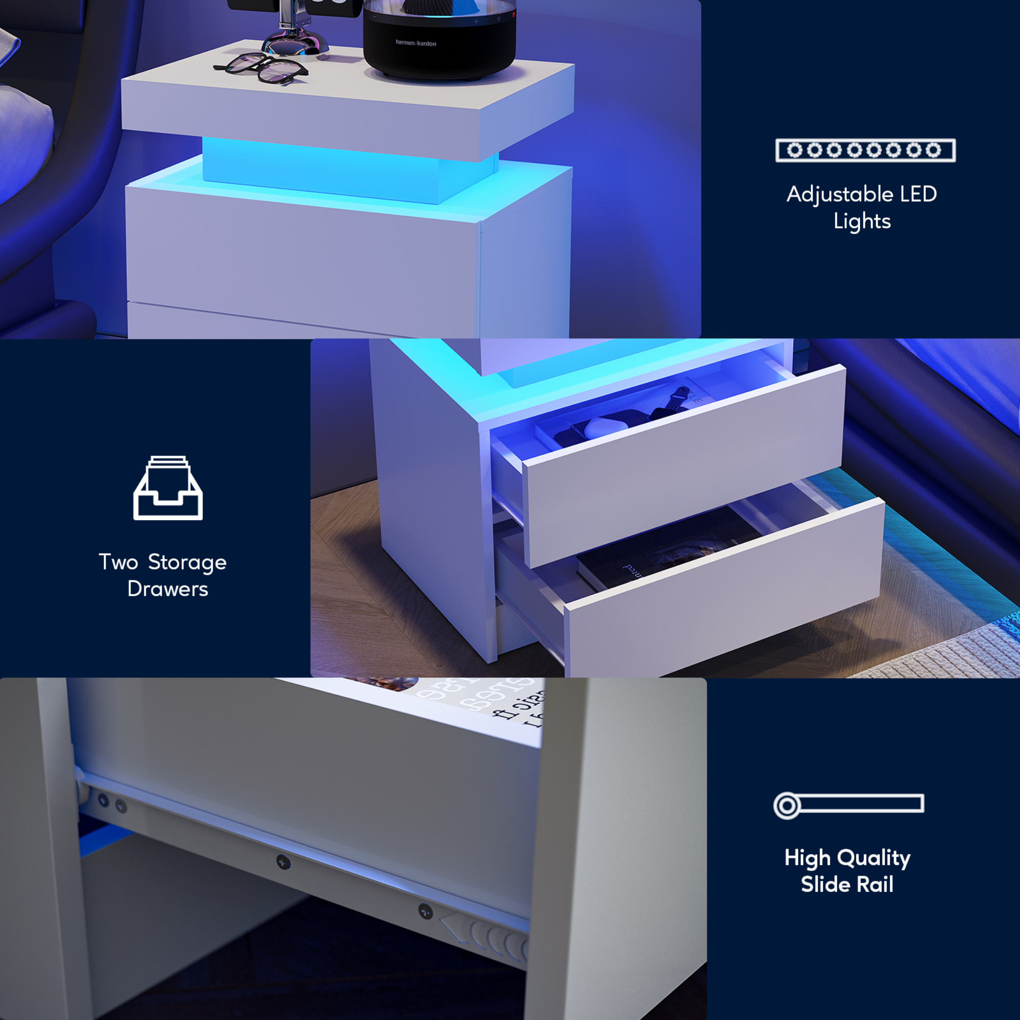 Multi-color Adjustable LED Lights Nightstand with 2 Drawers for Bedroom