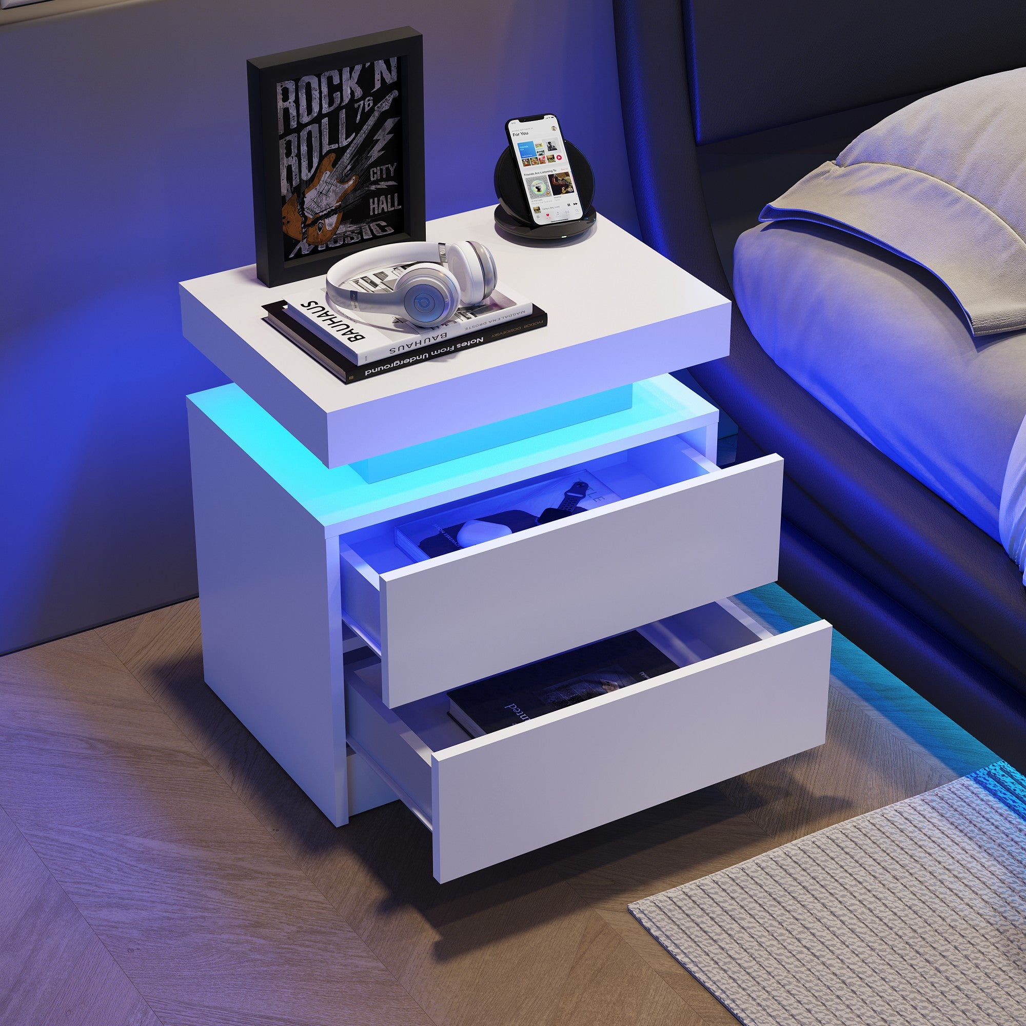 Multi-color Adjustable LED Lights Nightstand with 2 Drawers for Bedroom