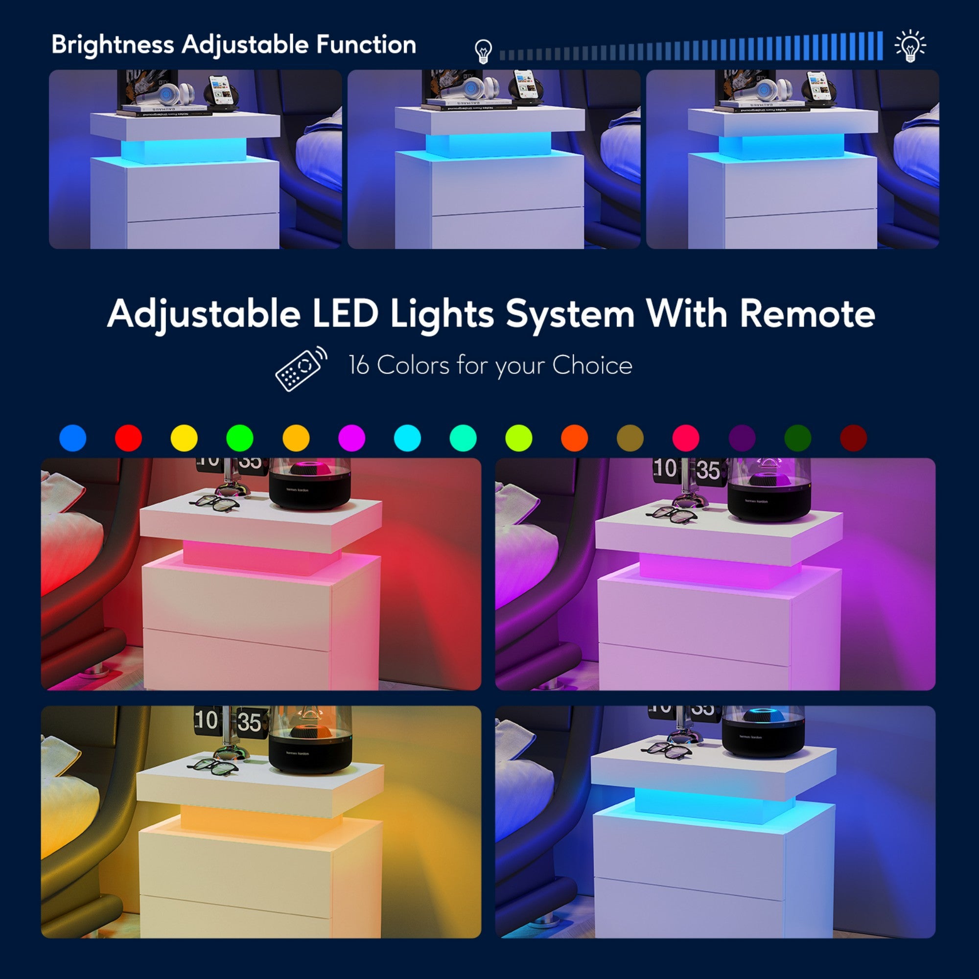 Multi-color Adjustable LED Lights Nightstand with 2 Drawers for Bedroom
