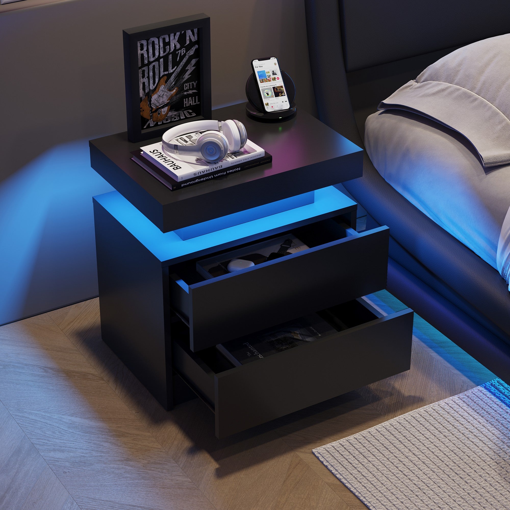 Multi-color Adjustable LED Lights Nightstand with 2 Drawers for Bedroom
