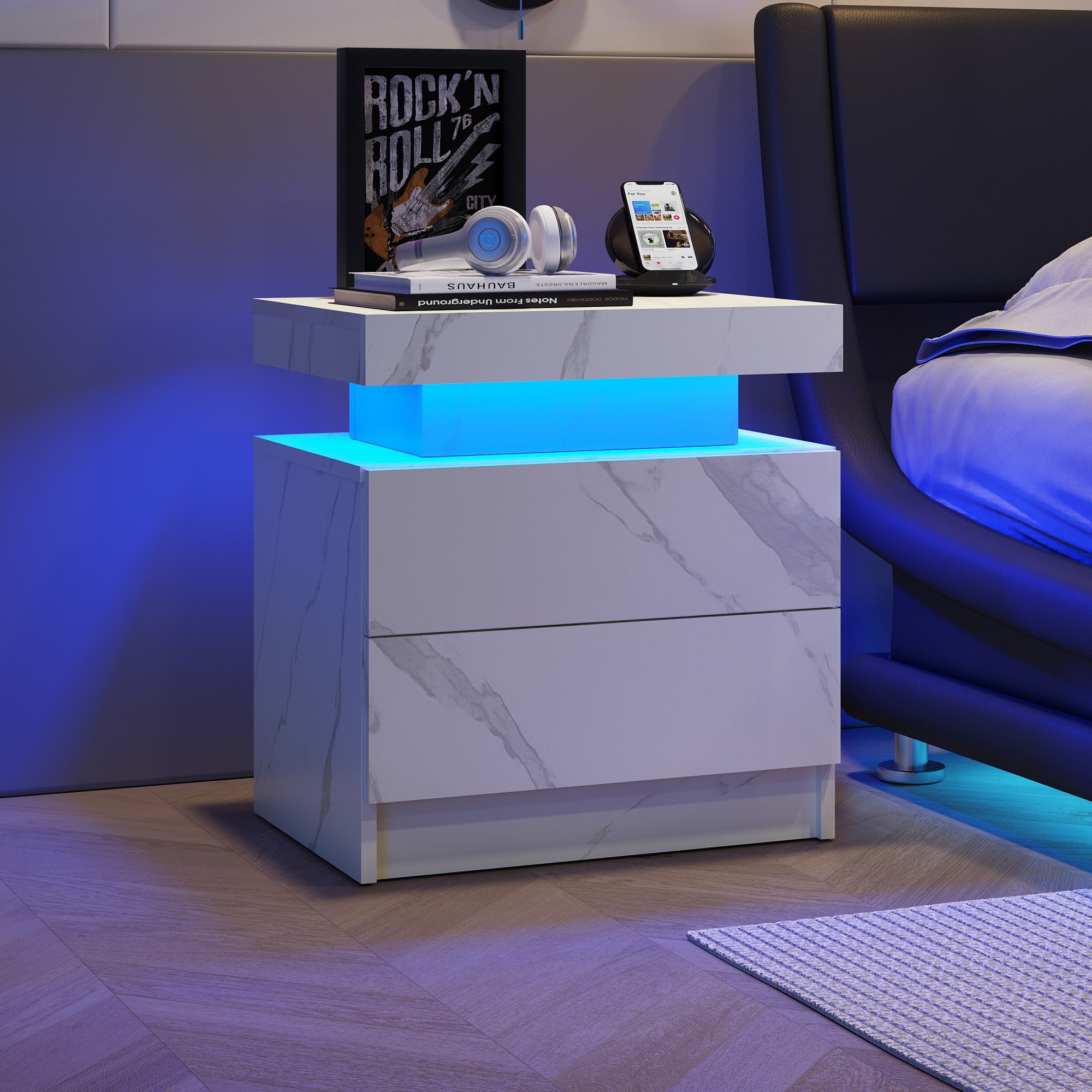 Multi-color Adjustable LED Lights Nightstand with 2 Drawers for Bedroom