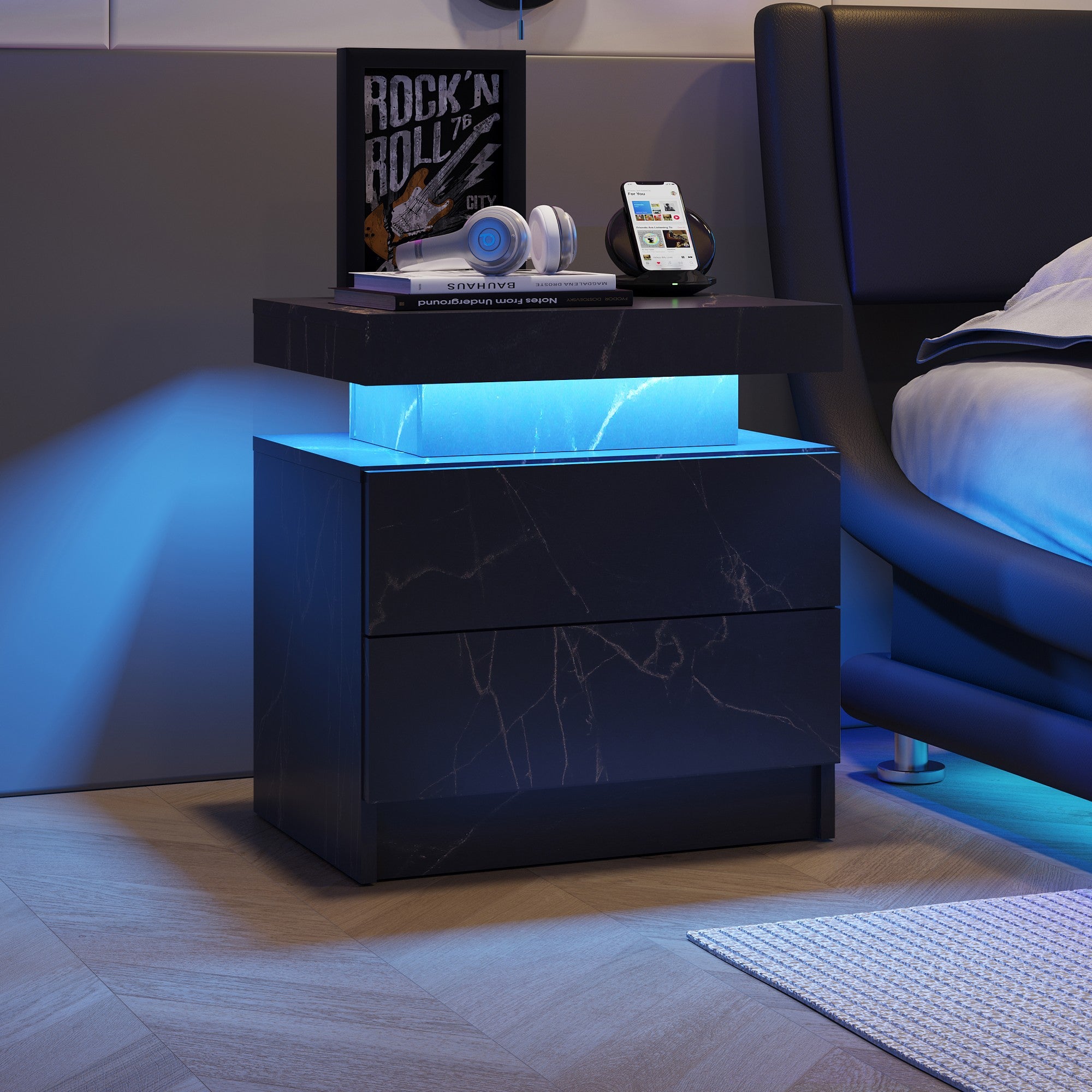 Multi-color Adjustable LED Lights Nightstand with 2 Drawers for Bedroom
