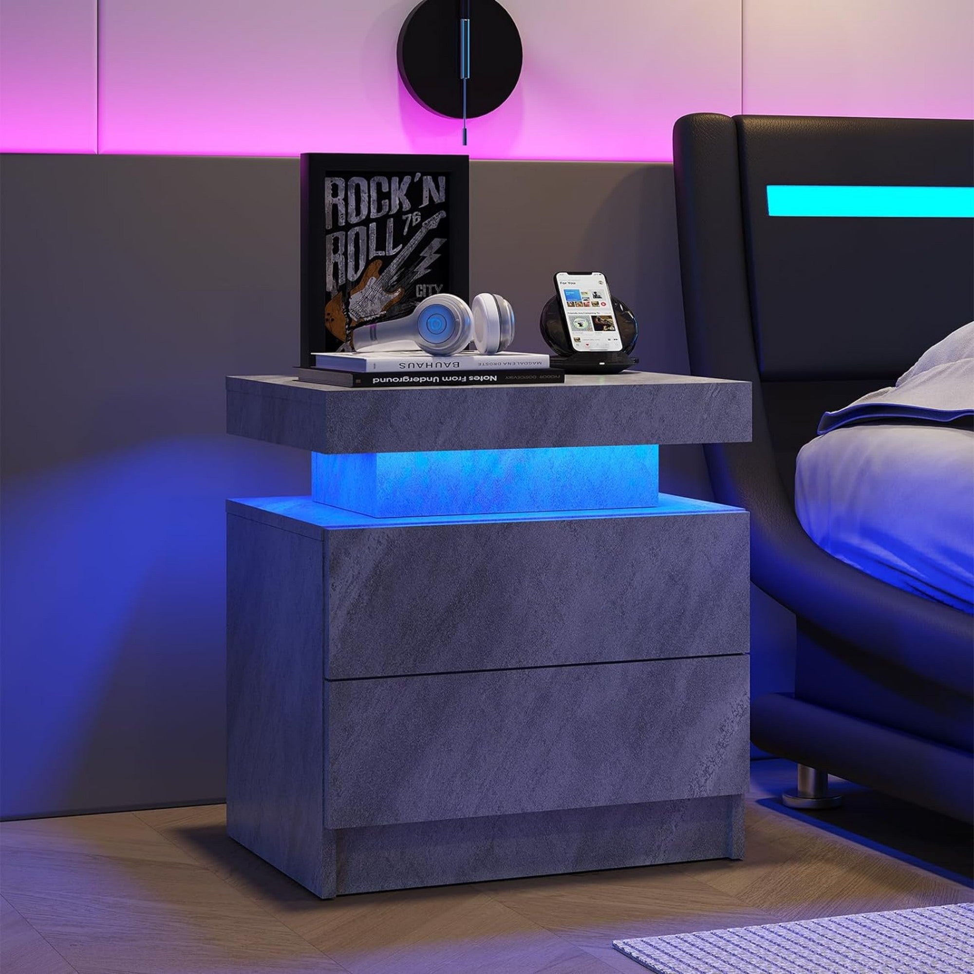 Multi-color Adjustable LED Lights Nightstand with 2 Drawers for Bedroom