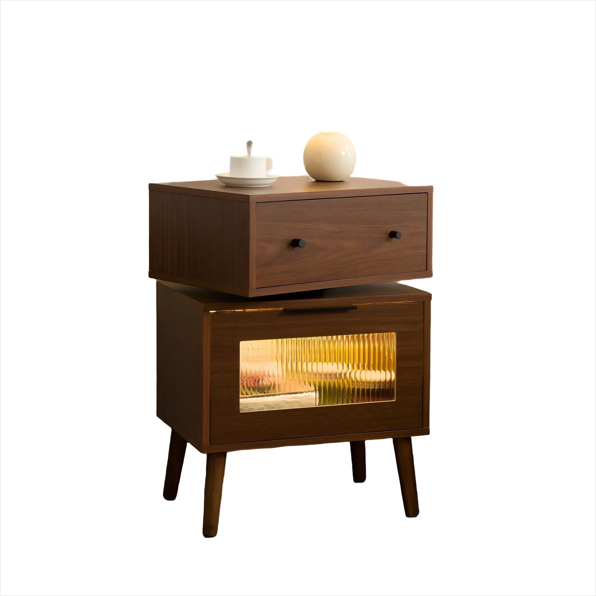 LED Modern Nightstands with 360° Rotating Drawer LED Bedside Table with Glass Door Storage