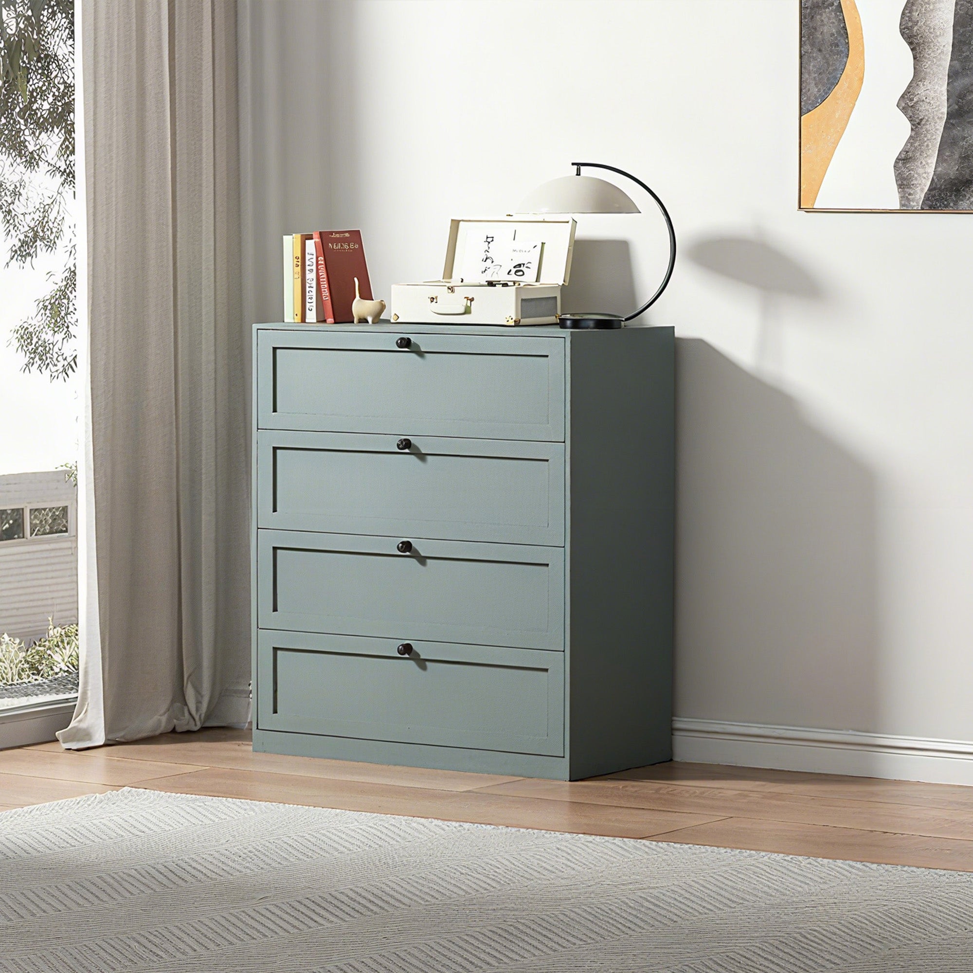 Gray-Green Steel Cabinet with Four Drawers