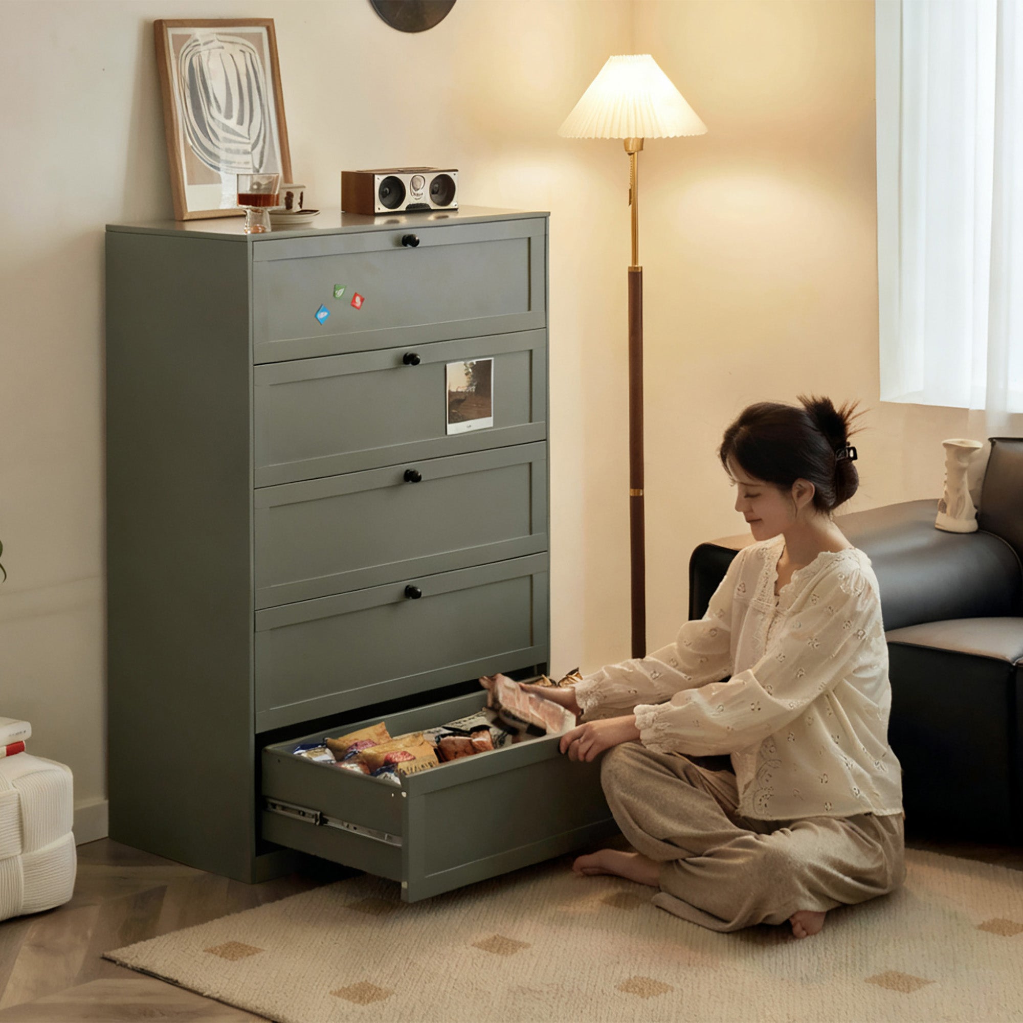 Gray-Green Steel Cabinet with Five Drawers