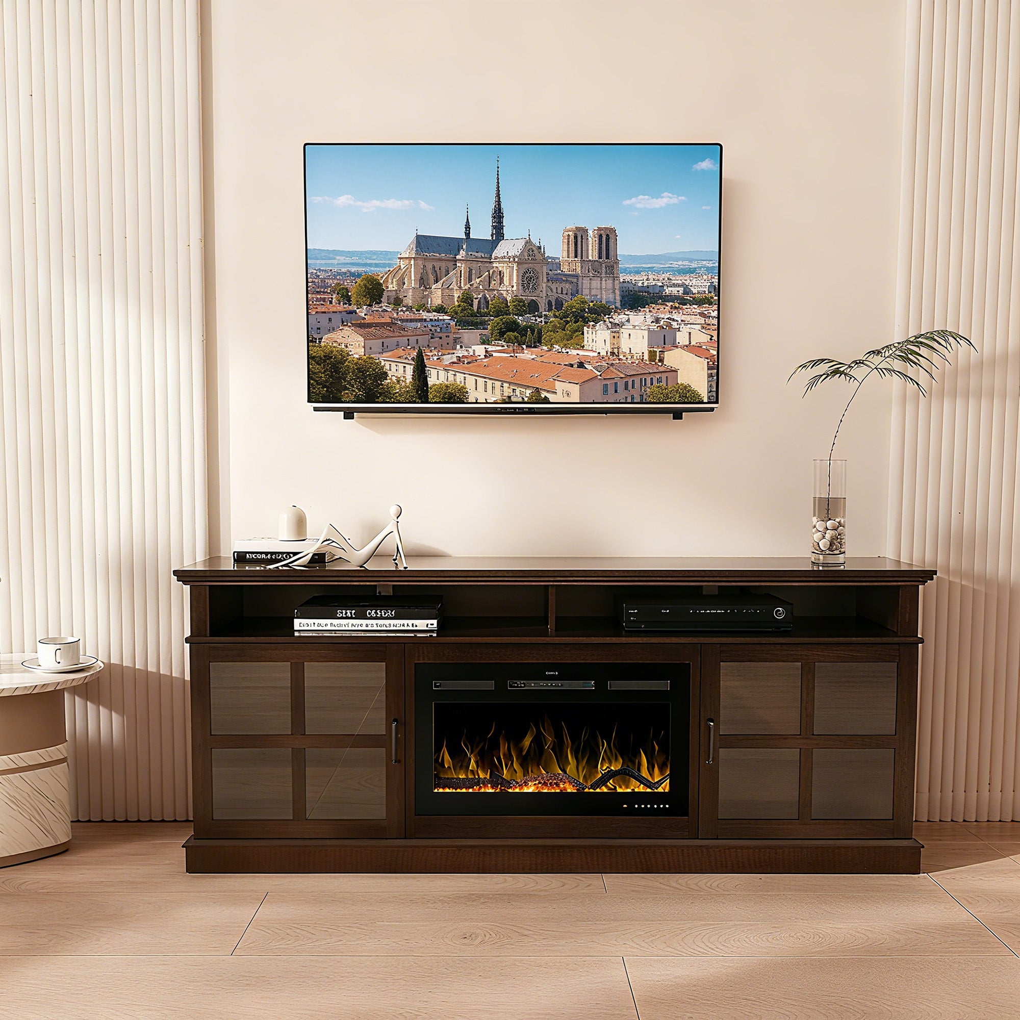 Fully Assembled 72" Ash Wood Veneer Fireplace TV Stand