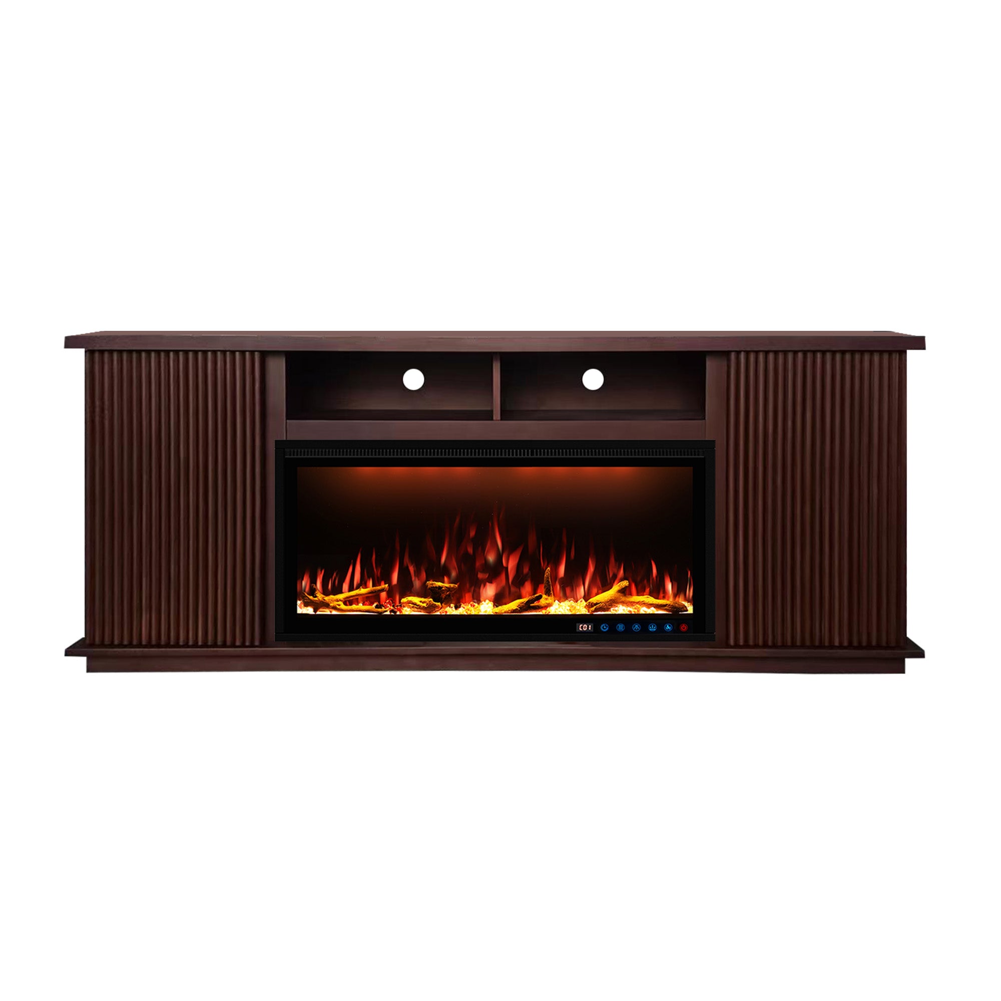 Fully Assembled 70" Teak Okoume Veneer Fireplace TV Stand