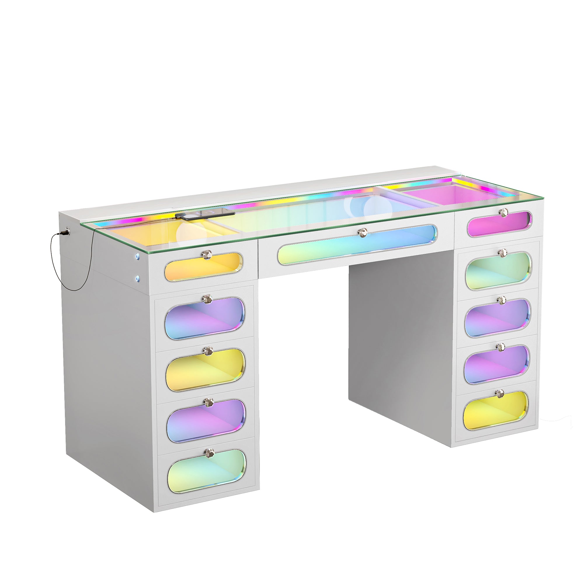 New Release ! VANITII Priscilla Vanity Desk-11 Glass Fronted Drawers with Crystal Handles