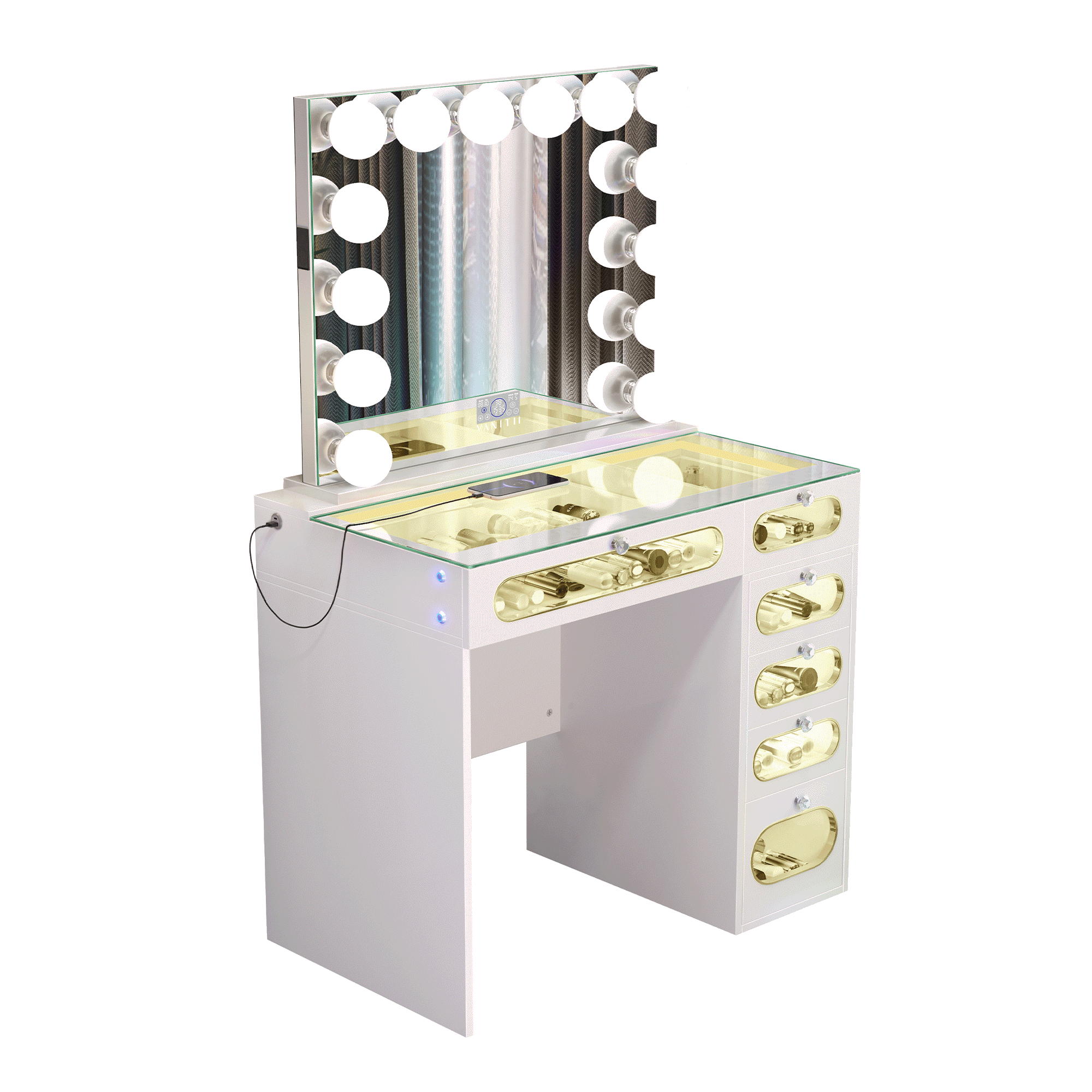 New Release ! VANITII 6 Glass Fronted Drawers Vanity Desk with Marilyn Vanity Mirror