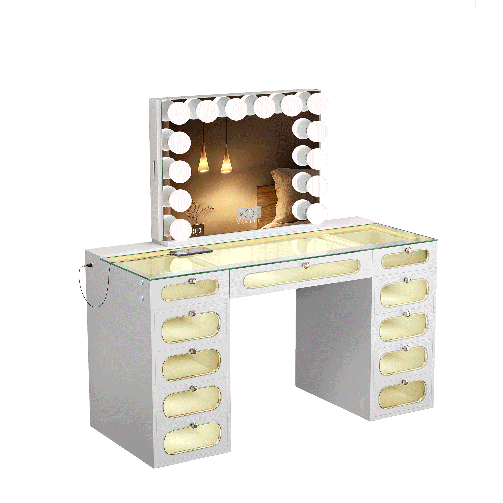 New Release ! VANITII Priscilla Vanity Set with Hollywood Vanity Mirror Pro with Jewelry Cabinet