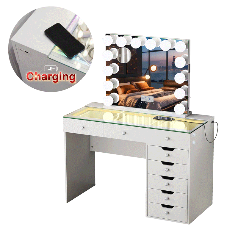 Promotion Deal!VANITII Diana Vanity Desk Set- 8 Storage Drawers with Vanity Mirror