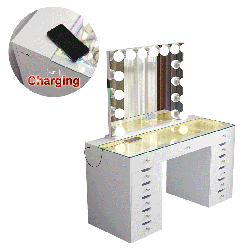 VANITII Eva-RGB Vanity Desk Set with 13 Storage Drawers and 15 Bulbs Light Mirror