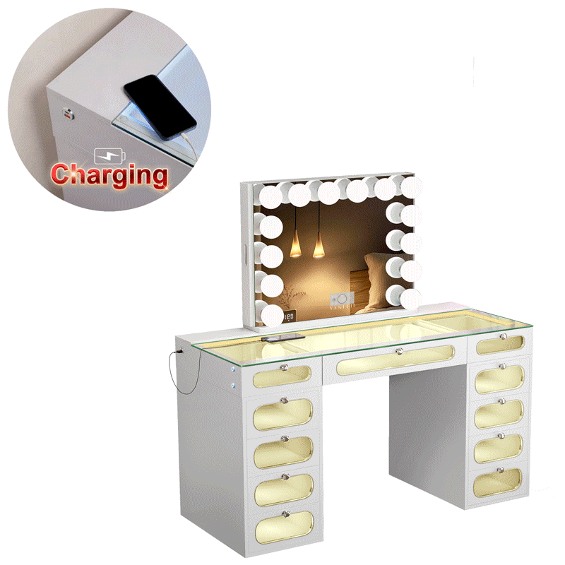 New Release ! VANITII Priscilla Vanity Set with Hollywood Vanity Mirror Pro with Jewelry Cabinet