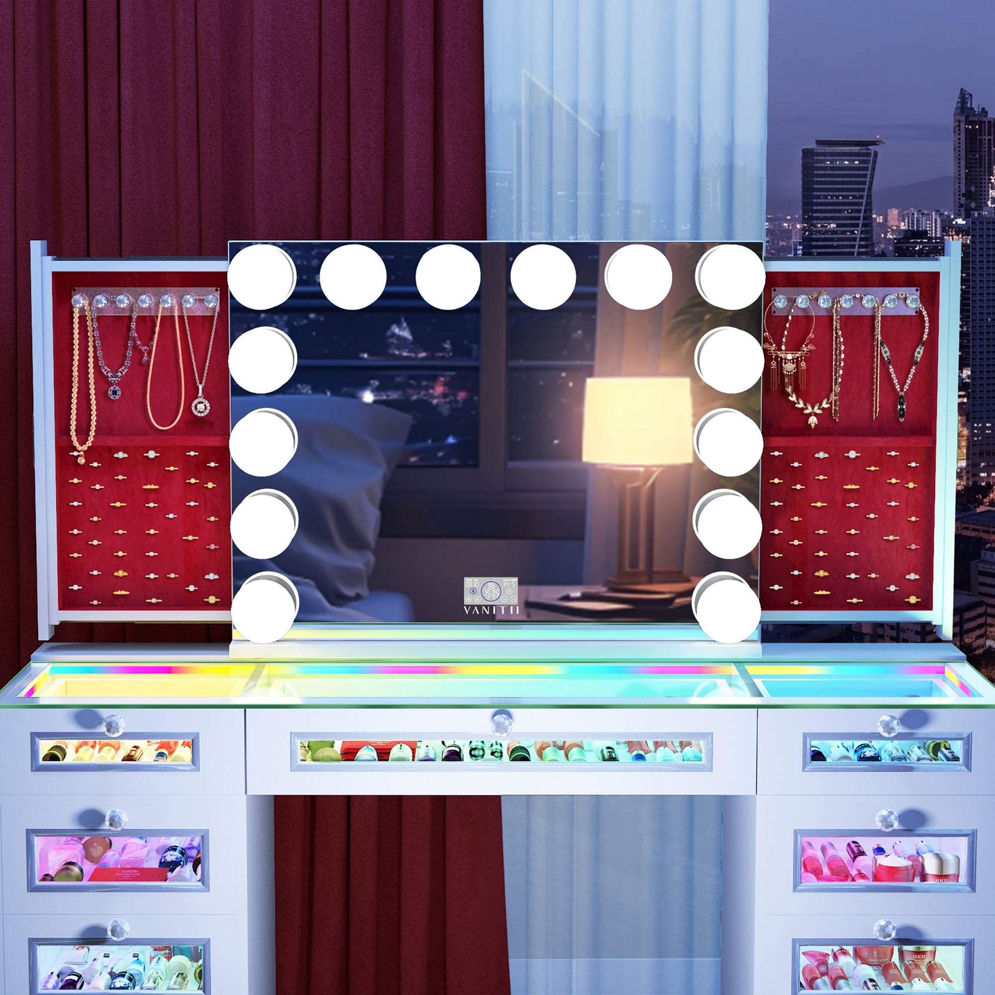 New Release ! VANITII Priscilla Vanity Set with Hollywood Vanity Mirror Pro with Jewelry Cabinet