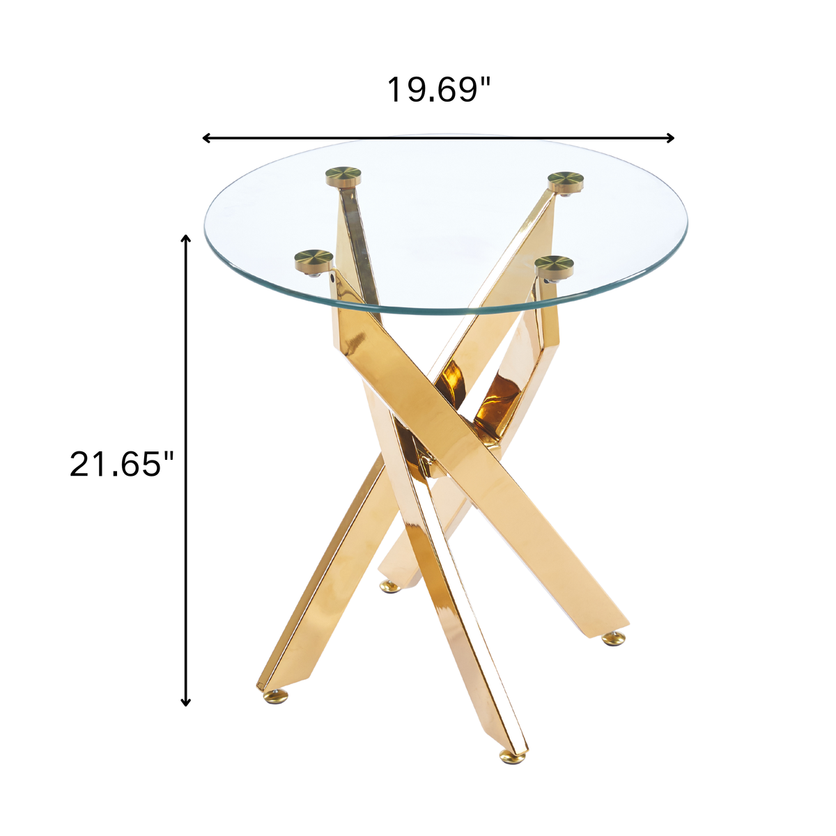 19.69" Round End Table, 8MM Clear Tempered Glass Top with Golden Crossed Metal Base, Easy to Clean