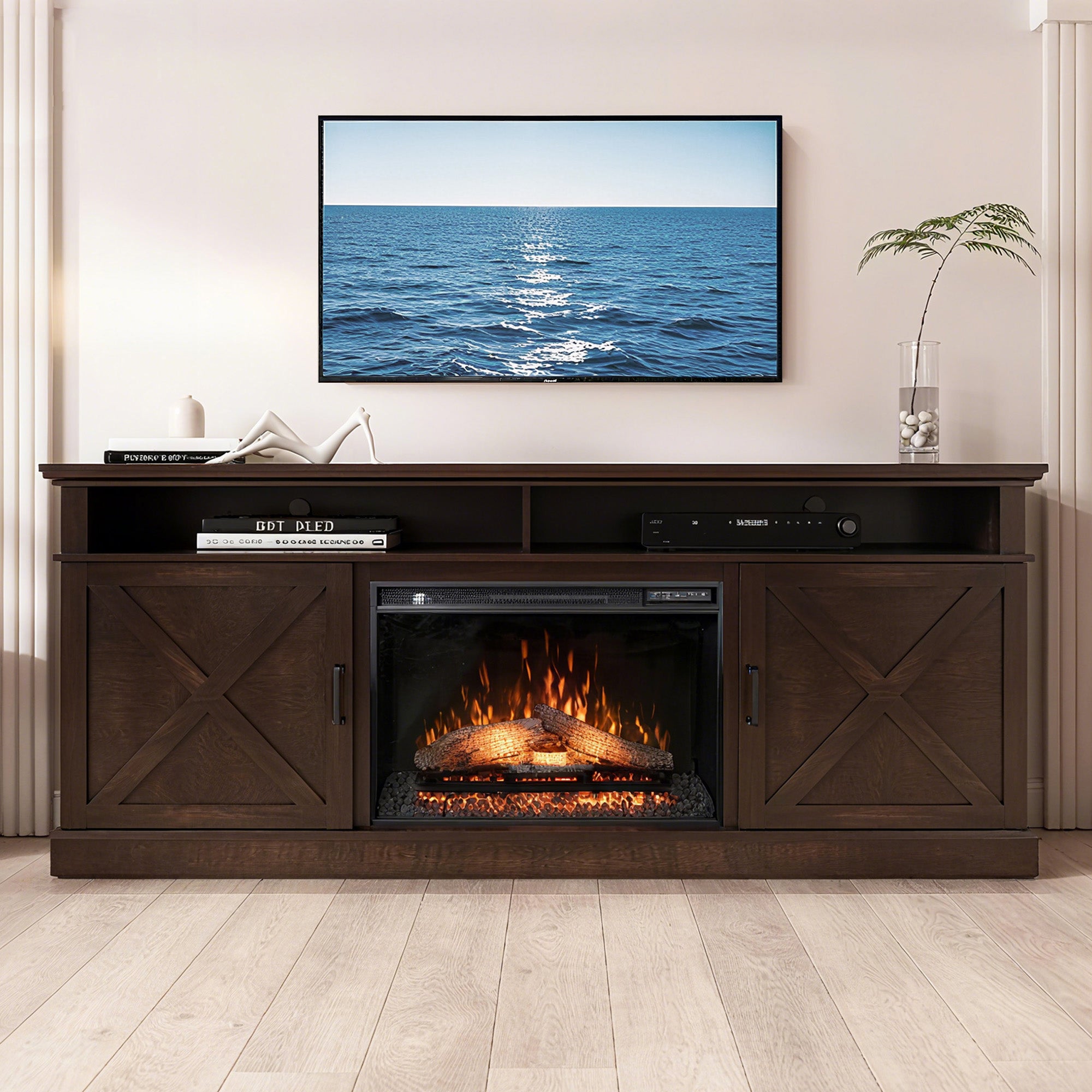 72" Brown Oak Melamine Veneer Fireplace TV stand